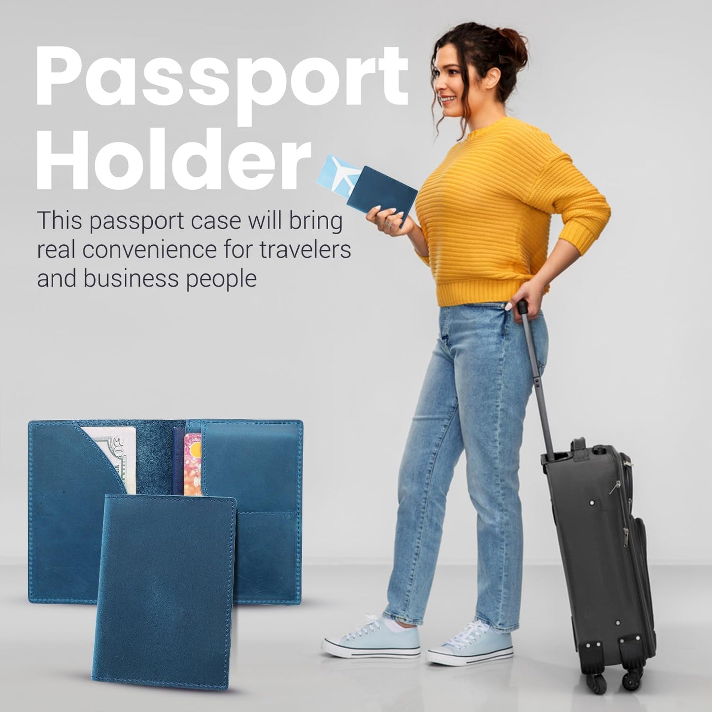 Leather Passport Holder with Travel Wallet, Genuine Leather Passport Cover- Passport Wallet, Leather Folding Wallet for Passports (Oval Cut, Blue)