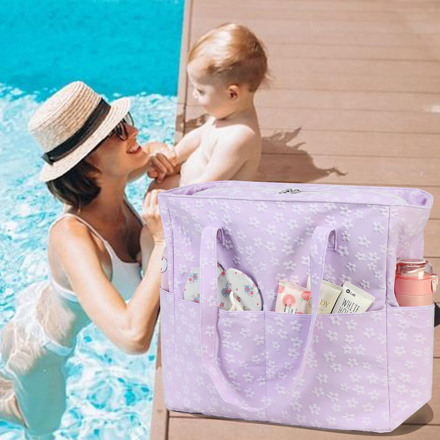 LEDAOU Large Beach Tote Bag Women Waterproof Sandproof Zipper Beach Tote Bag for Pool Gym Grocery Travel with Wet Pocket