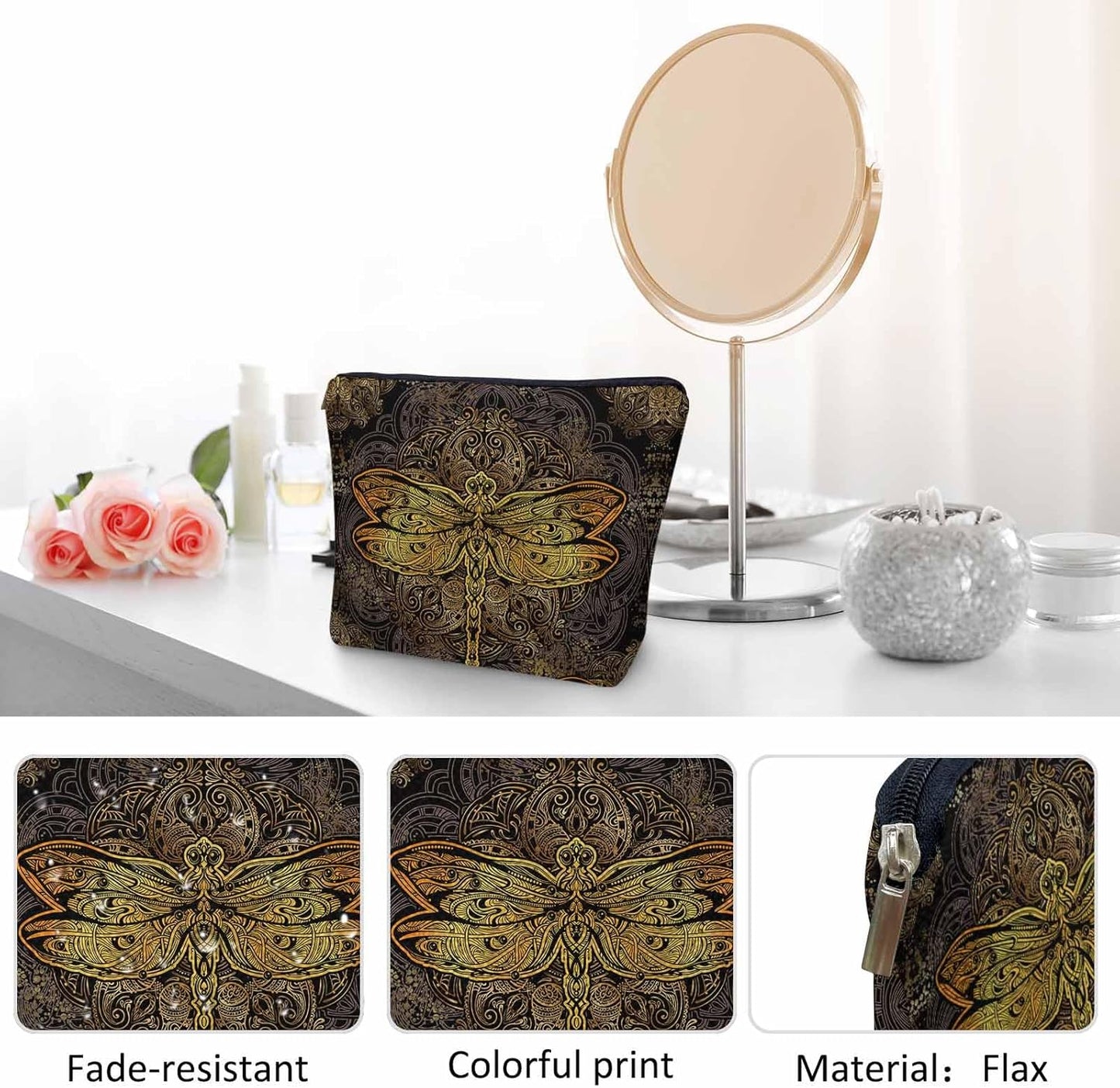Dragonfly Makeup Bag For Women, Adorable Cosmetic Bag Makeup Bags, Ethnic Mandala Dragonflies Golden Zipper Bag Travel Bags Toiletry Organizers Pouch Bags Washing Bags For Gym Bathroom