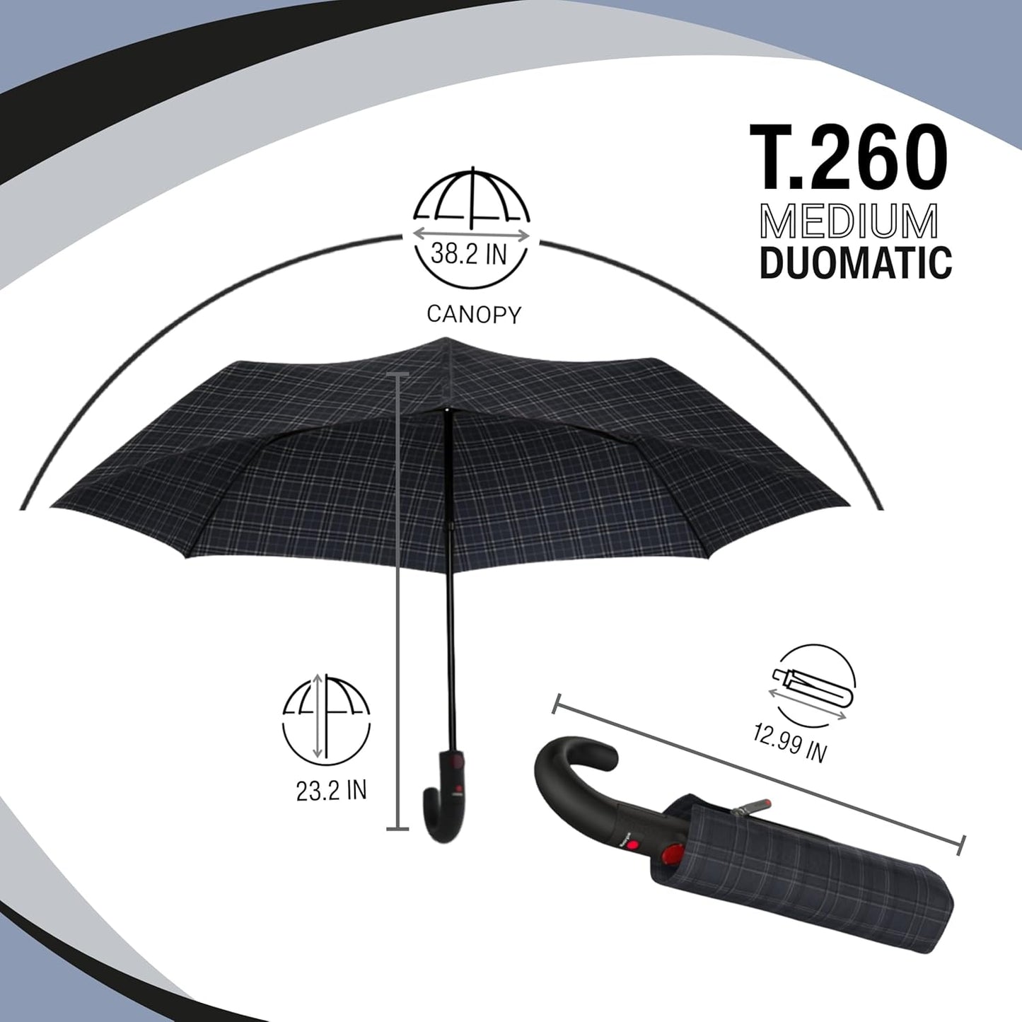 Knirps T.260 Medium Automatic Open Close Rain Umbrella with Curved Handle and Carrying Case - Compact Windproof Travel Umbrellas for Adults, 97cm Diamteter