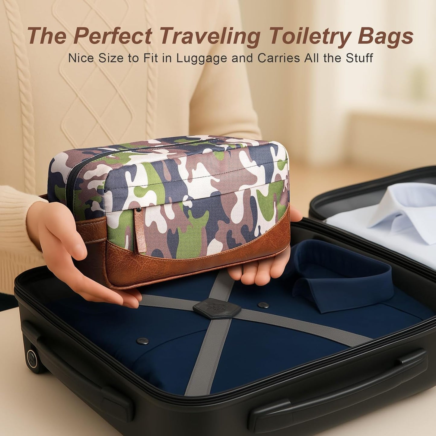 Travel Toiletry Bag for Men, Hanging Toiletry Organizer, Water Resistant Shaving Kit with Large Capacity for Travel Accessories (Camo-Bright Green, Medium)