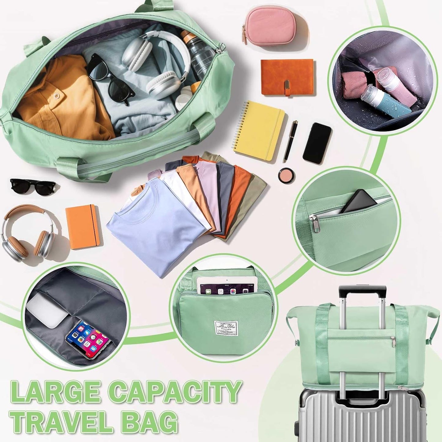 Ranslen Large Capacity Folding Travel Bag,Expansion Travel Duffel Bag with Dry and Wet Separation Portable Travel Duffel Bag