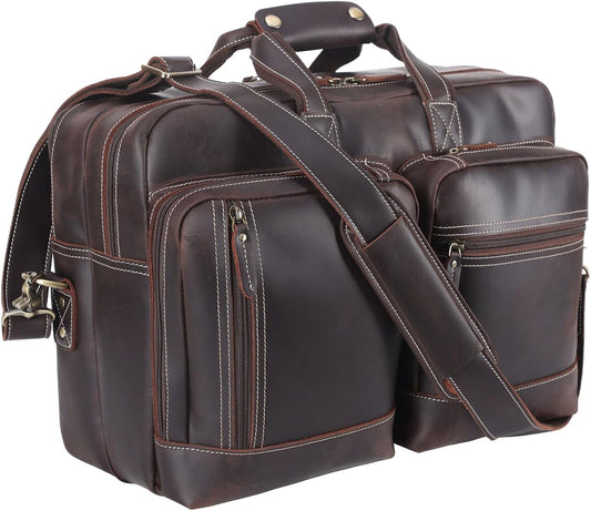 Leather Briefcase for Men Expandable Large 17 Inch Laptop Crossbody Shoulder Bag Business Travel Duffel Attache Case