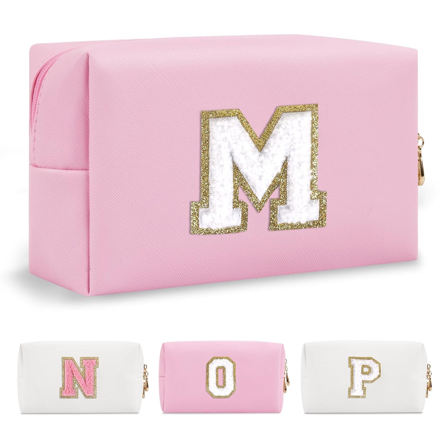 Personalized Initial A-Z Preppy Patch Makeup Bag,Small PU Chenille Letter Cosmetic Bag with Zipper for Teen Girls,Pink Cute Toiletry Organizer Bag,Monogram Makeup Case Gift for Women Girls,Letter M