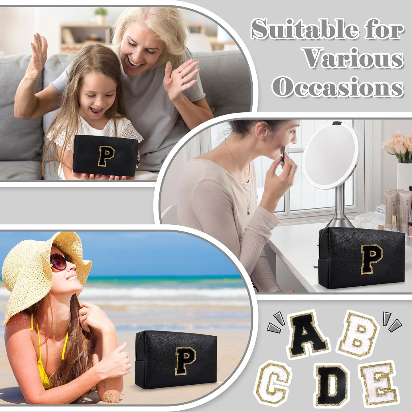 Personalized Initial A-Z Preppy Patch Makeup Bag,Small PU Chenille Letter Cosmetic Bag with Zipper for Teen Girls,Black Cute Toiletry Organizer Bag,Monogram Makeup Case Gift for Women Girls,Letter P