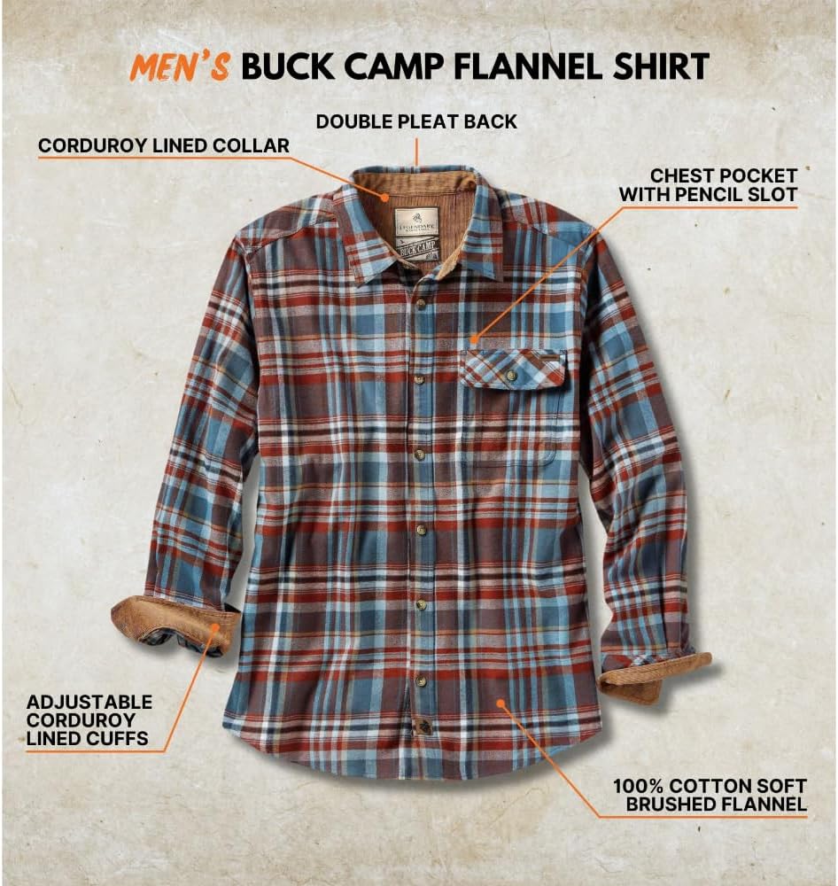 Legendary Whitetails Men's Flannel Shirt Long Sleeve Button Down 100% Cotton
