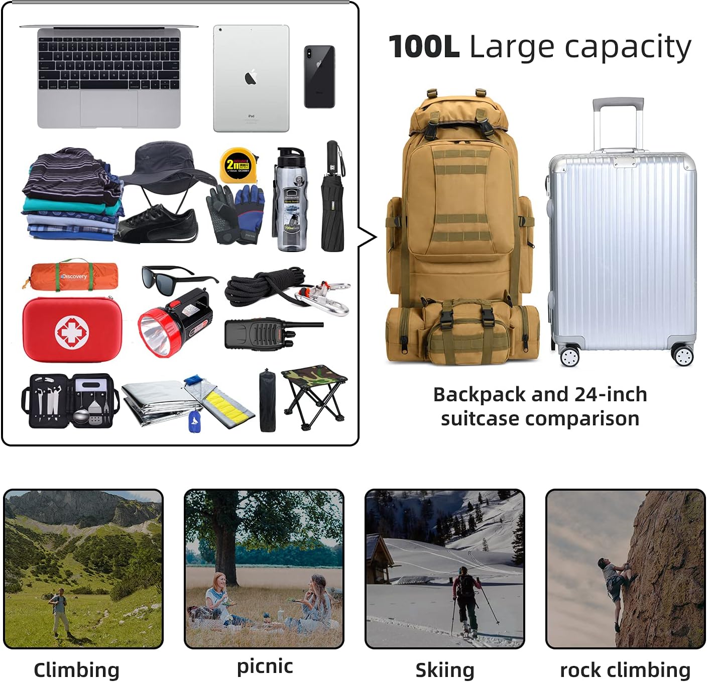 100L Camping Hiking Backpack,Molle military Tactical rucksack backpack,Waterproof Lightweight Hiking Backpack (Khaki-C)