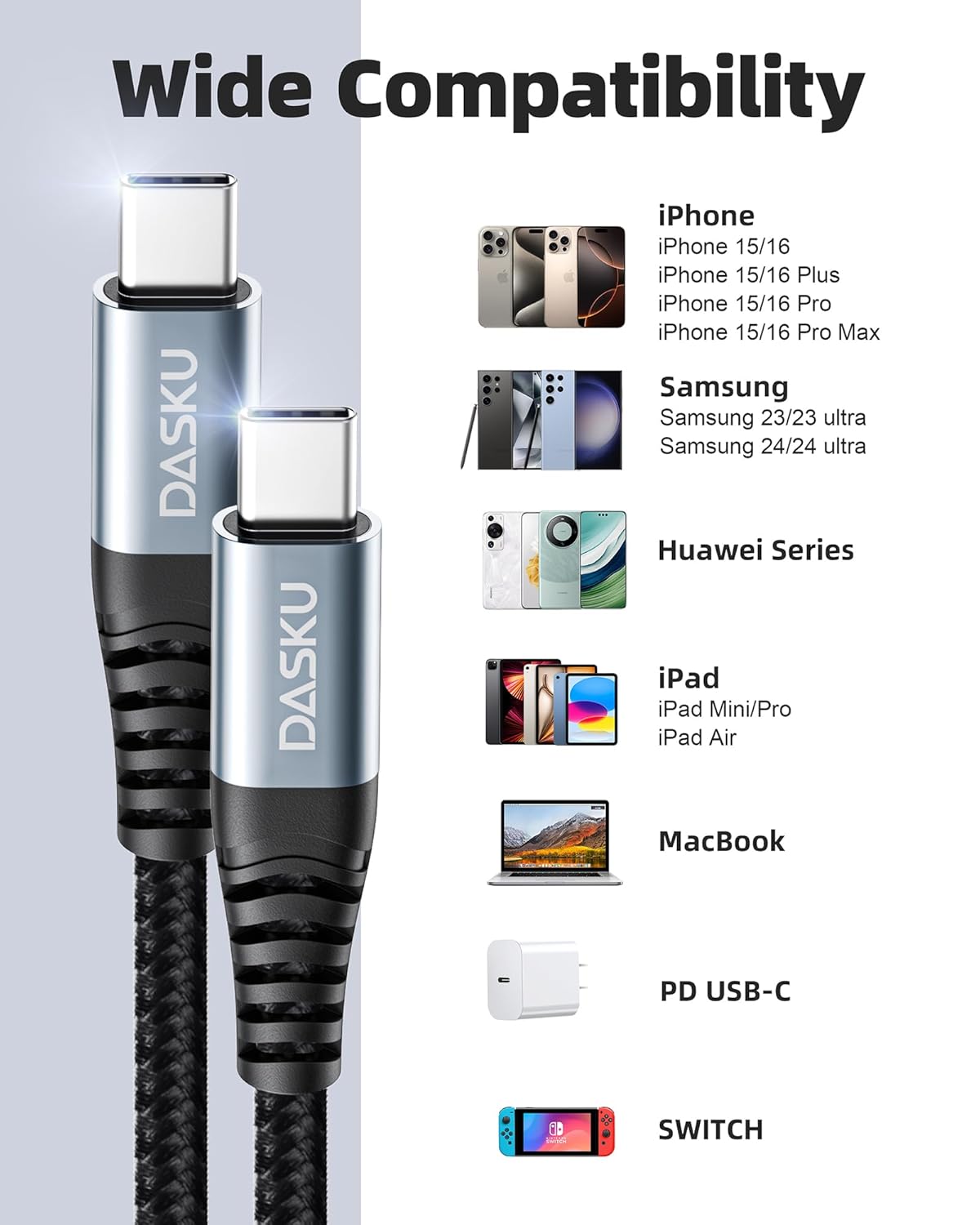 100W USB C to USB C Cable Long 2Pack 10 FT USBC to C Charger Cable Fast Charging Cord Compatible with iPhone 17/iPhone 16 Plus/16 Pro/15 Pro Max Samsung S24 S23 MacBook Air iPad Pro Carplay