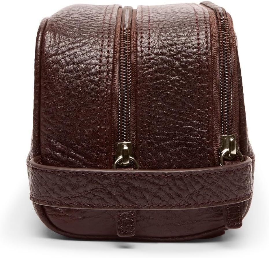 Leatherology Premium Espresso Leather Toiletry Bag – Small Double Zip Dopp Kit – Full Grain Leather Travel Organizer with Water-Resistant Lining – Compact Grooming Bag for Men or Women