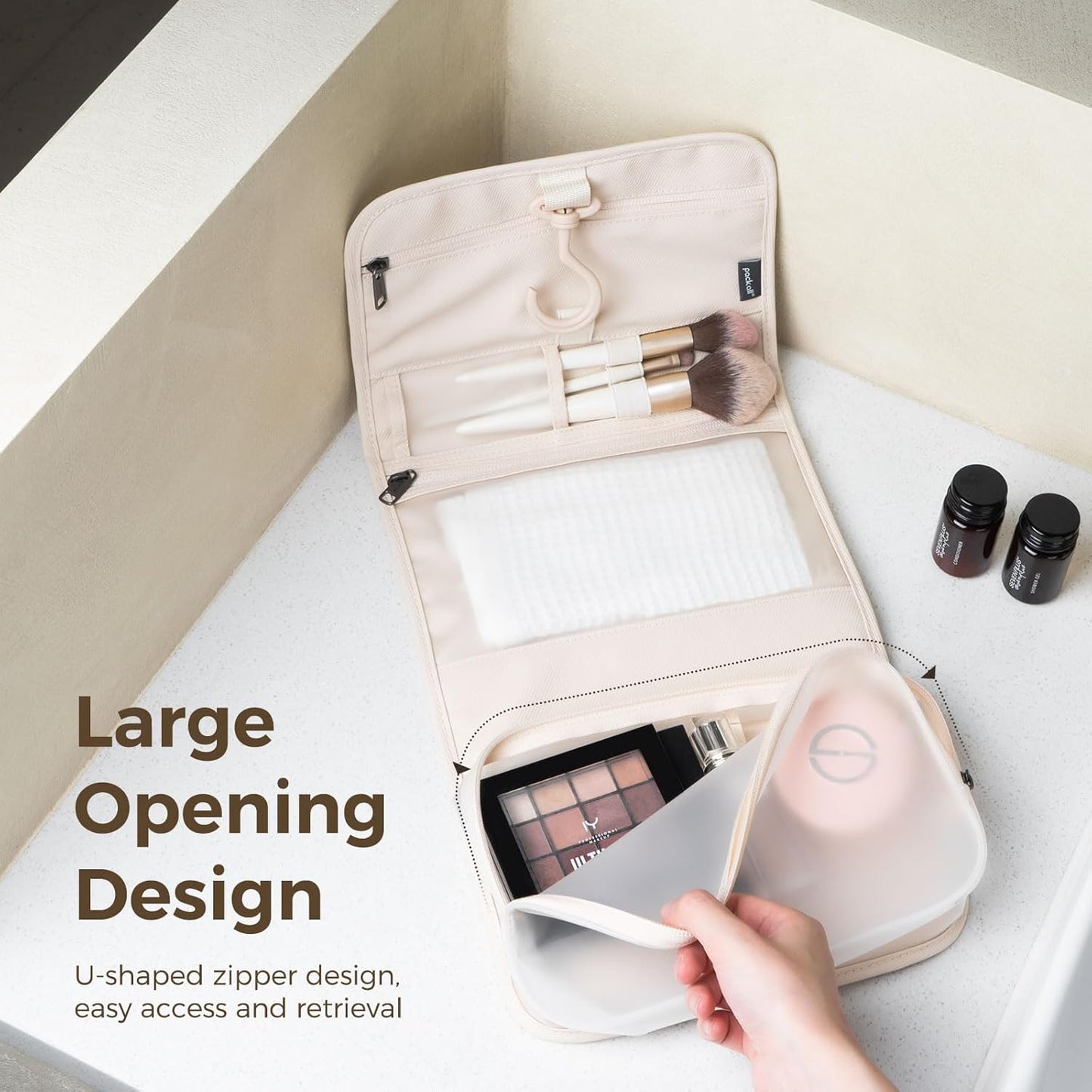 pack all Hanging Travel Toiletry Bag, Foldable Cosmetic Bag with Multiple Compartments, Water-Resistant Makeup Bag for Toiletries, Accessories (Light Beige)