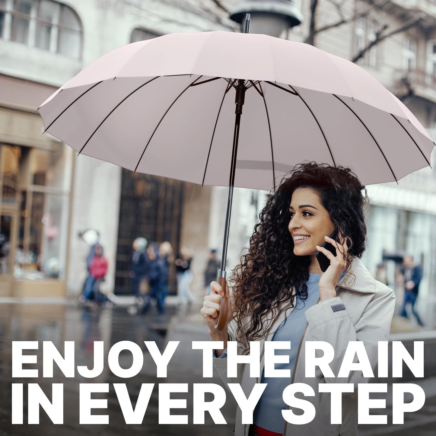 Royal Walk Windproof Large Umbrella for Rain 54 Inch Automatic Open for 2 Persons Wind Resistant Big Golf Umbrellas for Adult Men Women Classic Wooden Handle Fast Drying Strong 16 Ribs Travel 120cm