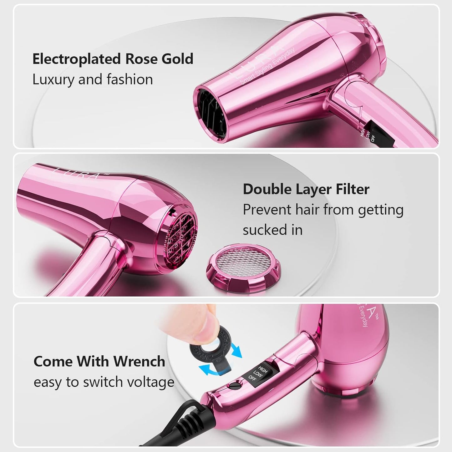 LURA Mini Portable Travel Hair Dryer:Dual Voltage Small Lightweight Blow Dryer with EU Plug,1200W Compact Hairdryer with Folding Handle,with Concentrator&Diffuser Attachment,for Women and Men