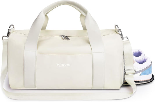 Gym Bag for Women and Men with Shoe Compartment & Wet Pocket - Duffle Bag for Travel Sports Fitness Workout Athletic, 19"-Medium, Beige