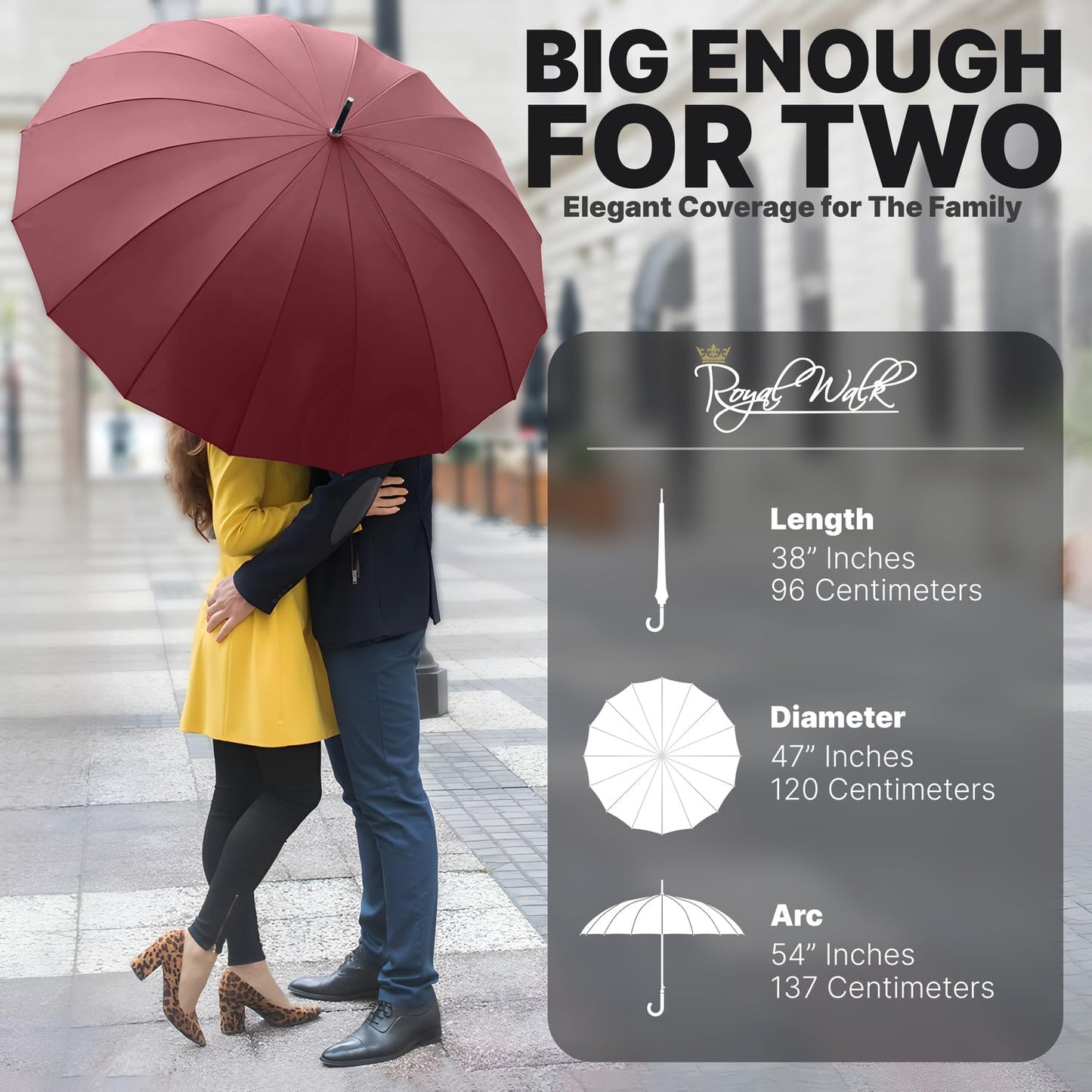 Royal Walk Windproof Large Umbrella for Rain 54 Inch Automatic Open for 2 Persons Wind Resistant Big Golf Umbrellas for Adult Men Women Classic Wooden Handle Fast Drying Strong 16 Ribs Travel 120cm