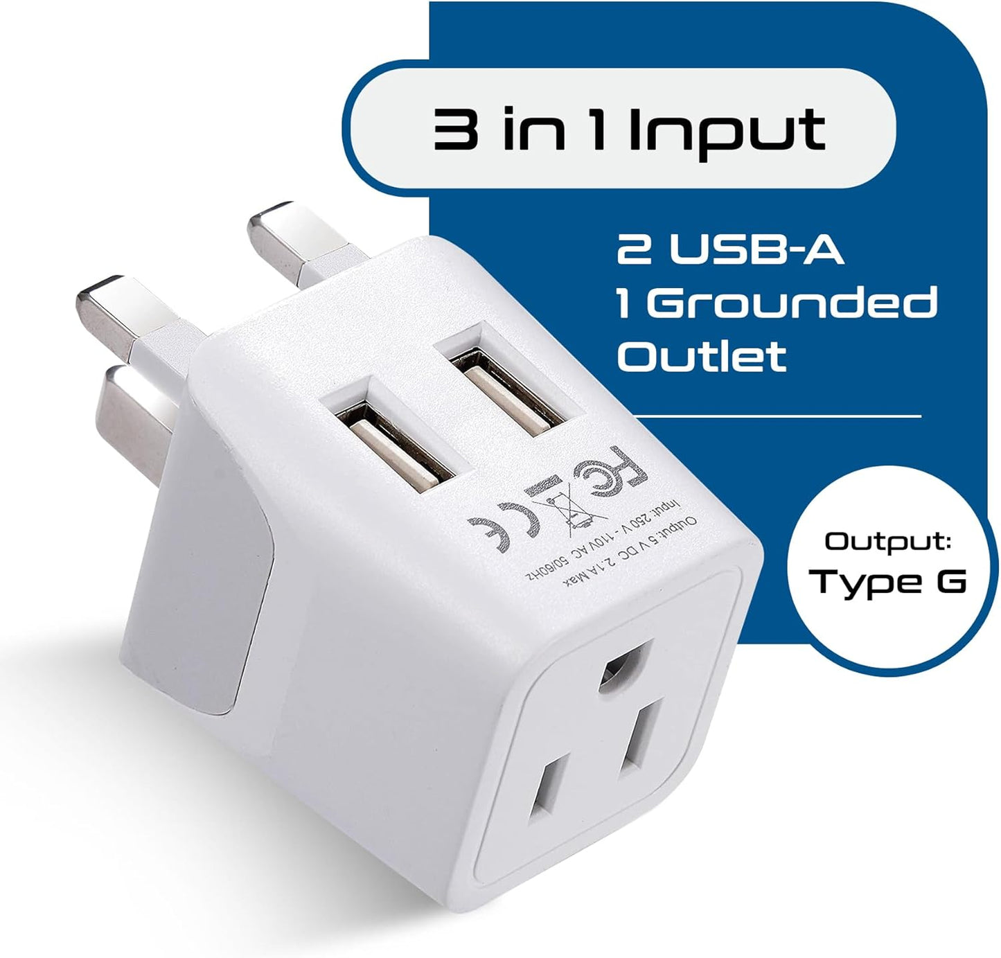 Ceptics UK, Hong Kong, CTU-7-2PK Ireland Travel Adapter Plug with Dual USB - Type G - London - USA Input - Light Weight - Perfect for Cell Phones, Chargers, Cameras and More - 2 Pack
