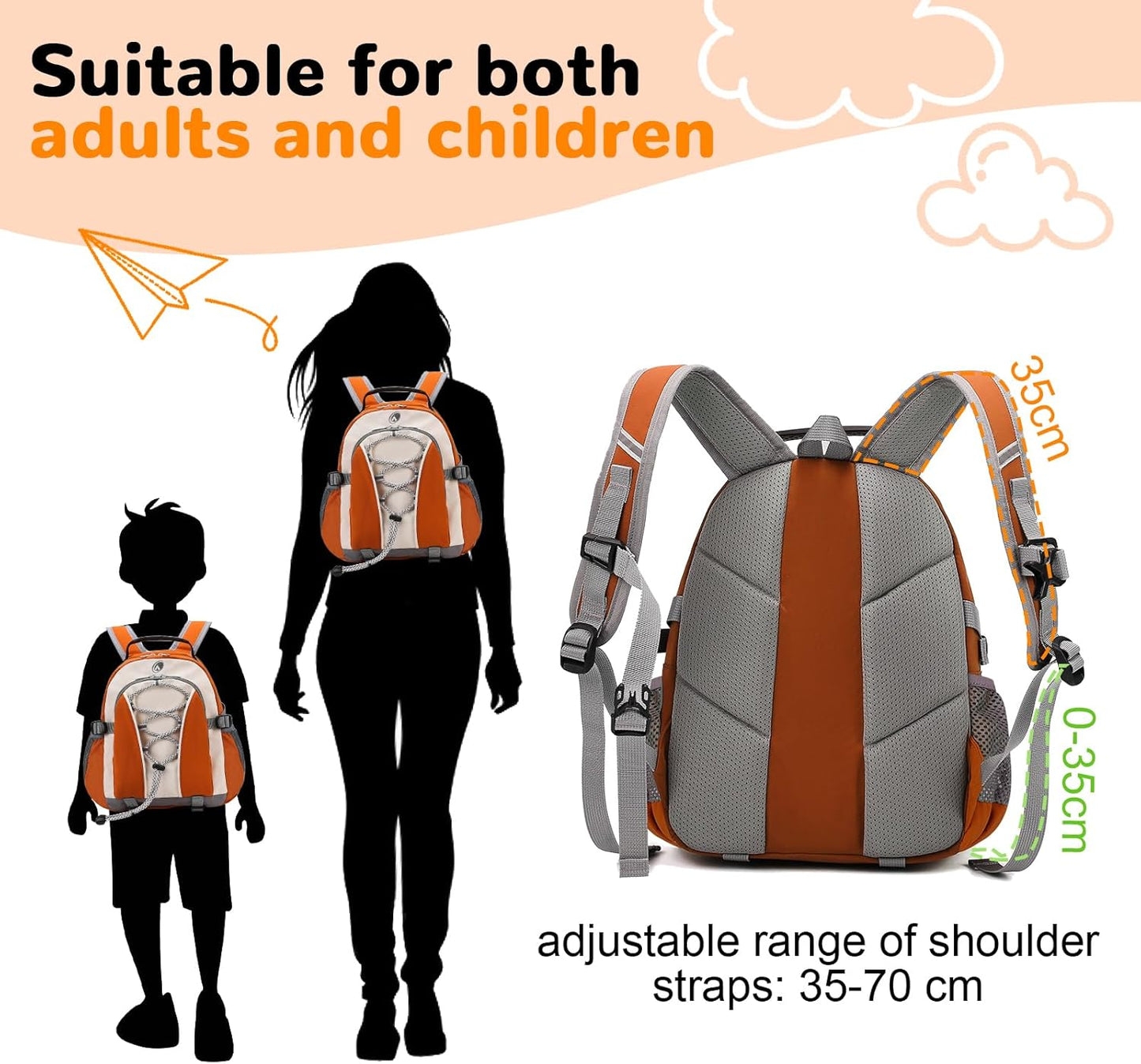 10L Orange Mini Kids Hiking Backpack with Chest Strap for Girls Boys, Small Hiking Daypack with Padded Straps for Men Women