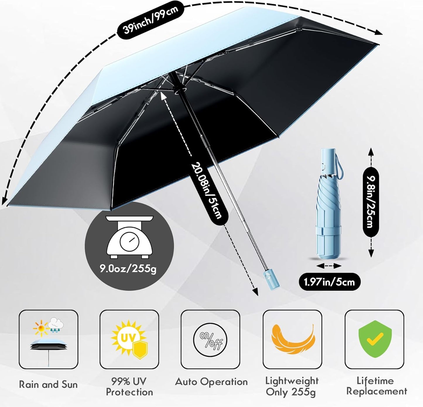 Automatic Mini Travel Windproof Folding Umbrella - UV Protection, Instant Open/Close for Rain/Sun, Small Compact Lightweight Design Fits in Tote Bag/Travel Case/Backpack for Commute, Women & Men