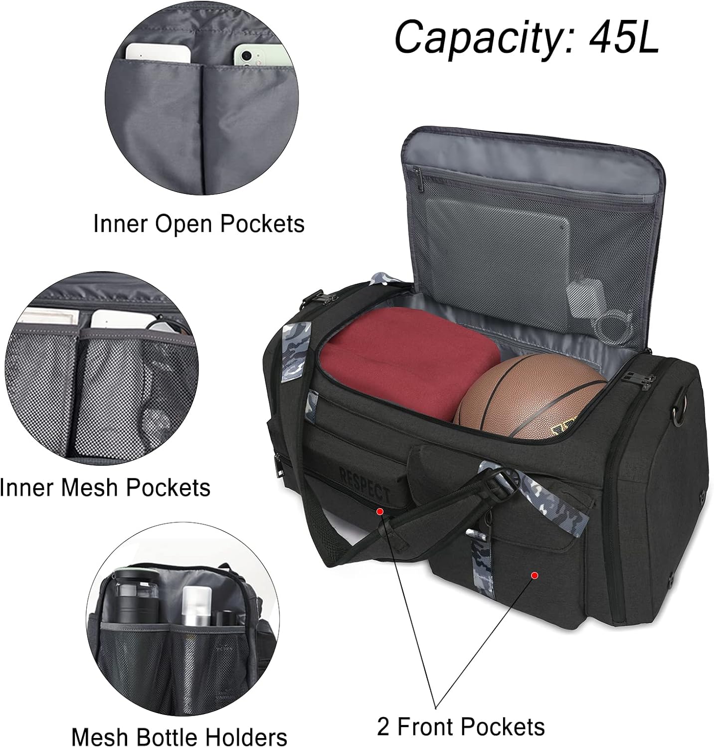 Gym Bags for Men Gym Duffle Bag Backpack 3-Way Sports Duffel Bags for Men with Shoe Compartment & Wet Pocket（Black）