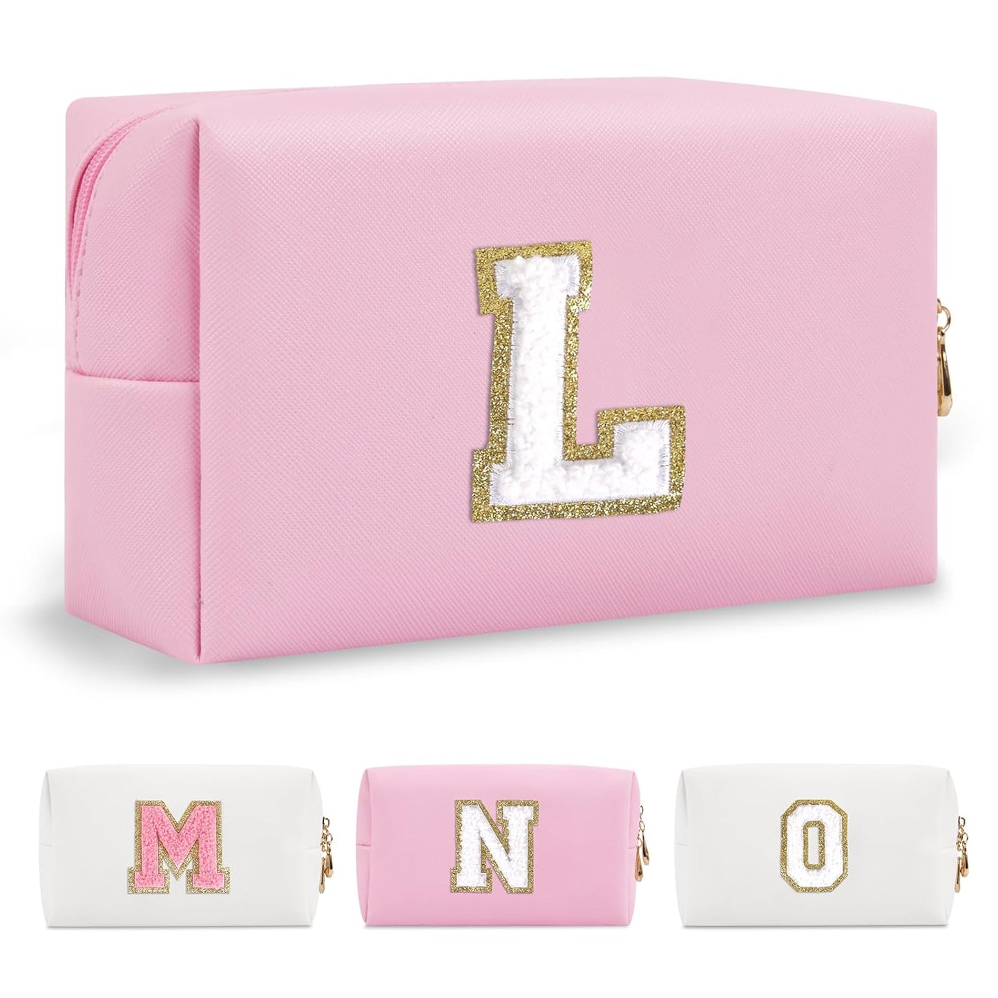 Personalized Initial A-Z Preppy Patch Makeup Bag,Small PU Chenille Letter Cosmetic Bag with Zipper for Teen Girls,Pink Cute Toiletry Organizer Bag,Monogram Makeup Case Gift for Women Girls,Letter L