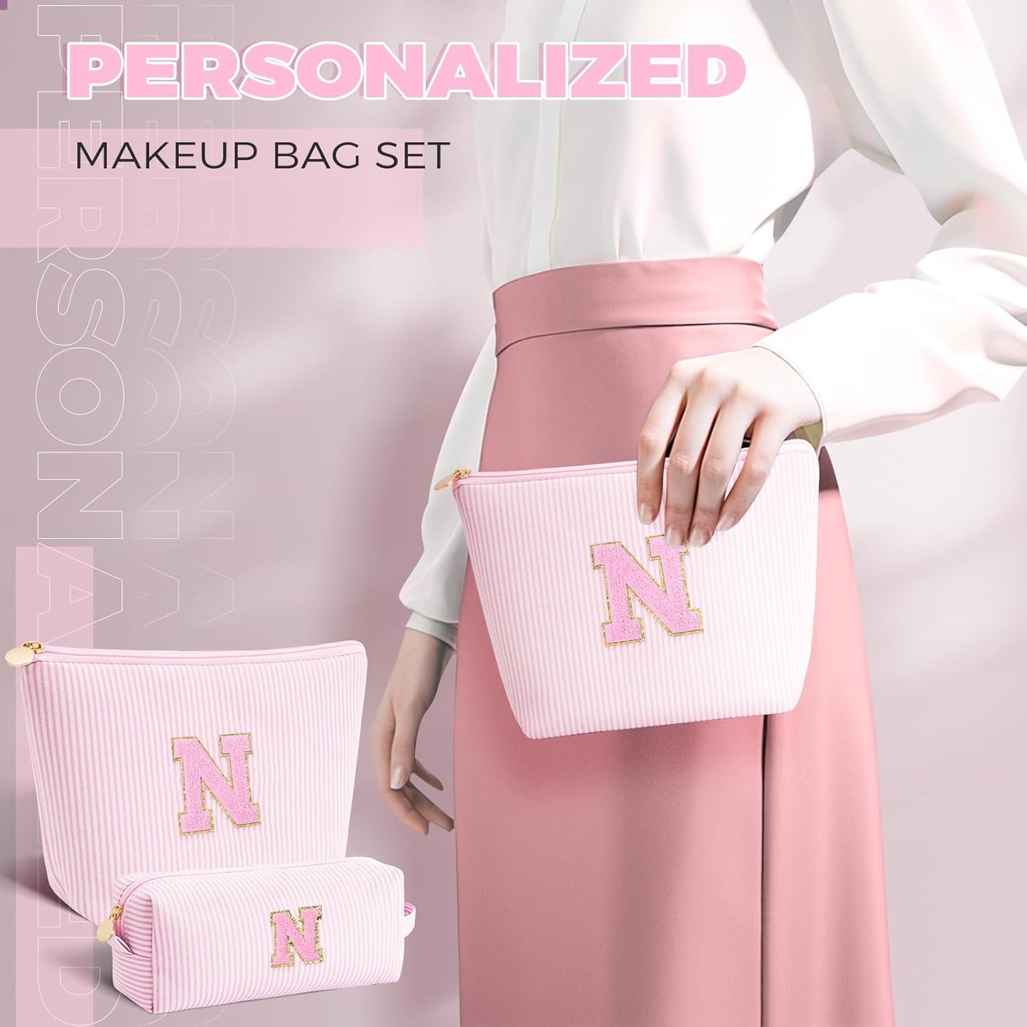 Personalized Makeup Bag for Women Girls - Fashion Cosmetic Bag Trendy Travel Toiletry Bag with Initials Letter - Teen Gifts - Pink,N