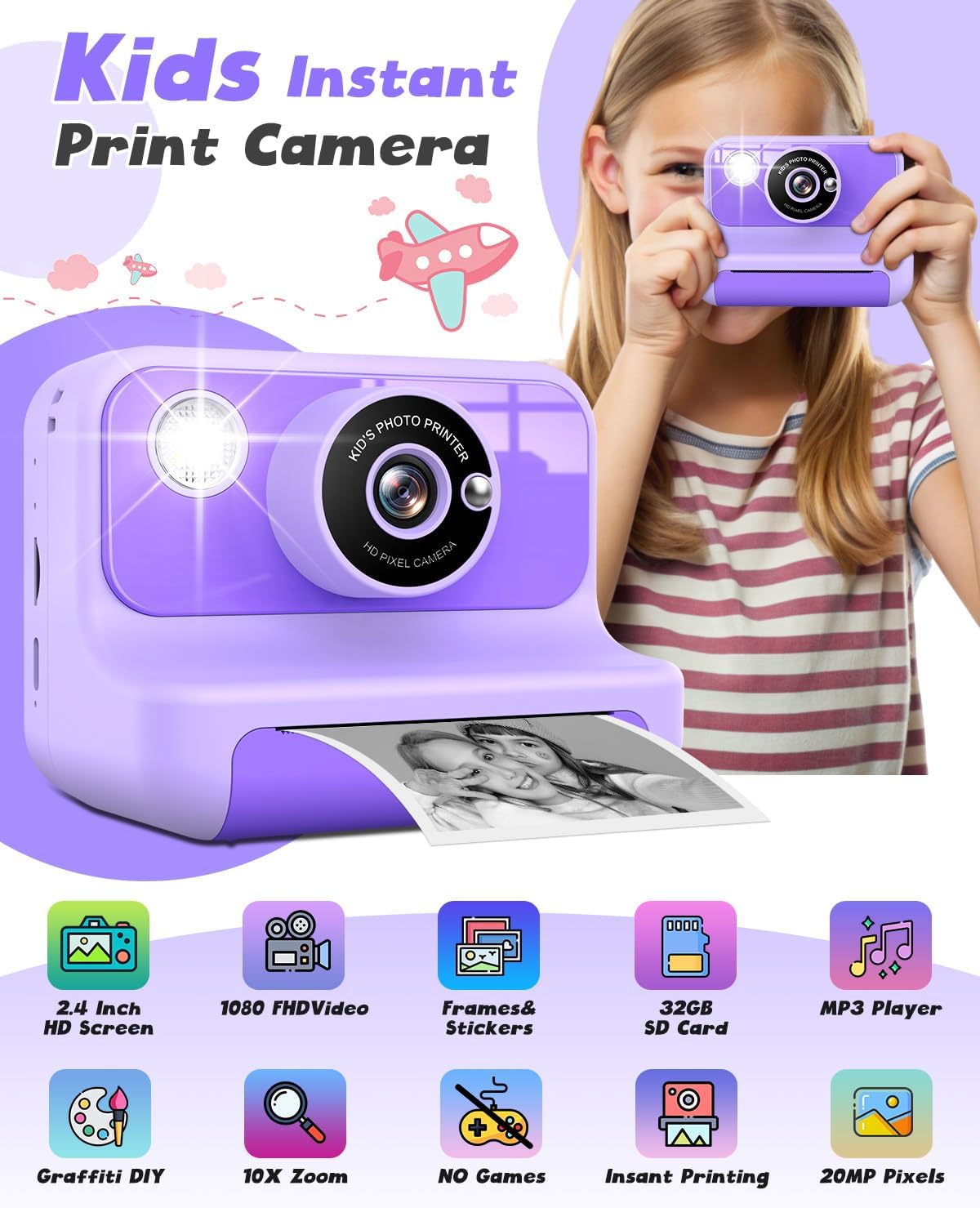 Instant Print Camera for Kids, 1080P Digital Video Cameras, Christmas Birthday Gifts Toys for Age 3-12, Toddler Camera for 4 5 6 7 8 9 10 Year Old Girls - Purple