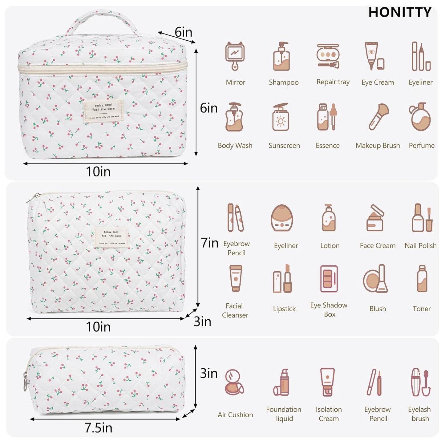 Makeup Bag,Quilted Cosmetic Bag,Large Floral Make Up Bag for Women,Cotton Makeup Bag Set,Flower Travel Toiletry Bag