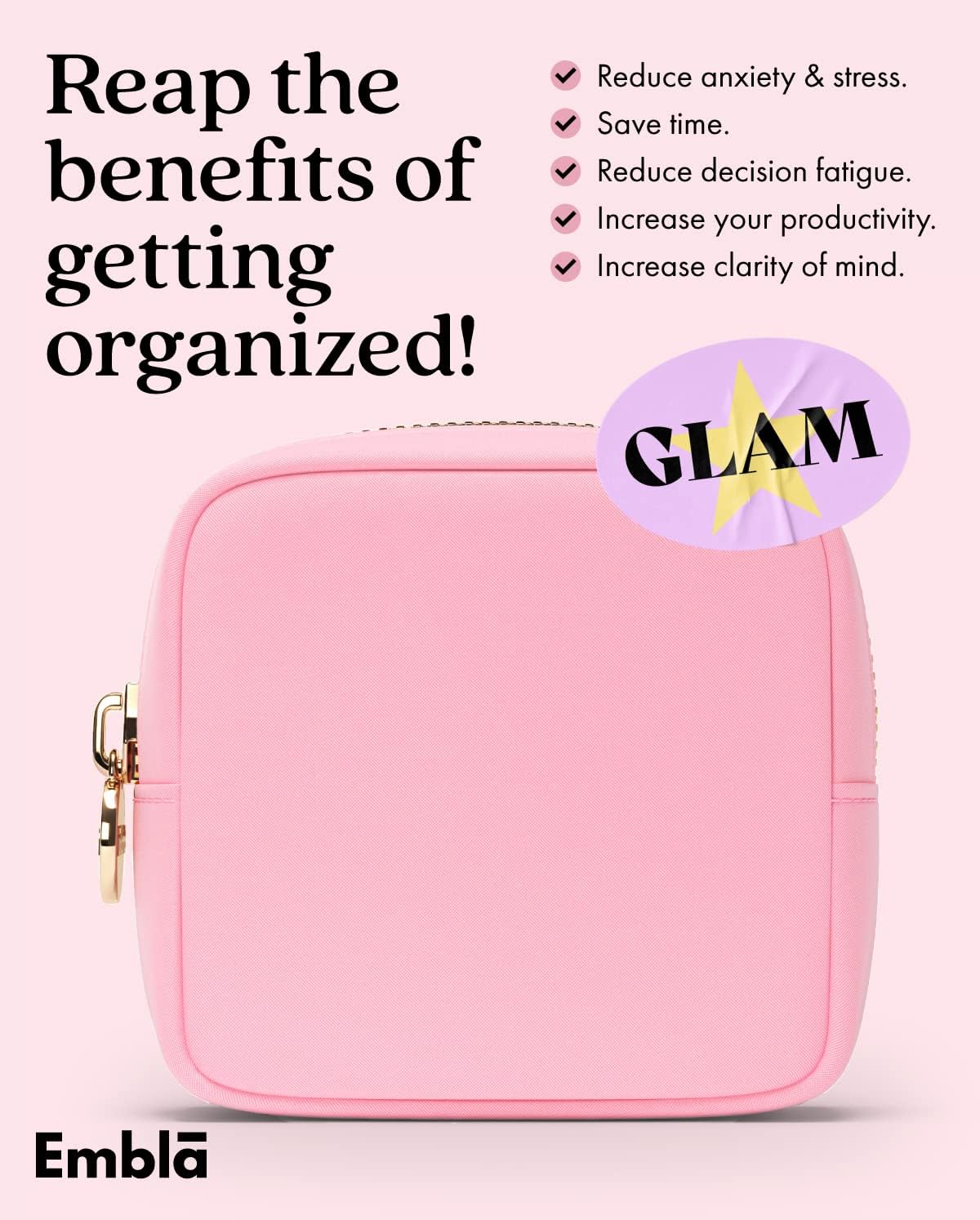 Embla Makeup Bag Travel Cosmetics Pouch and Toiletry Bag, Nylon Zipper Pouch Purse, Cute Make Up Organizer Storage Tote for Women Girls, Travel Skincare Case, Small Makeup Bags, Flamingo Pink