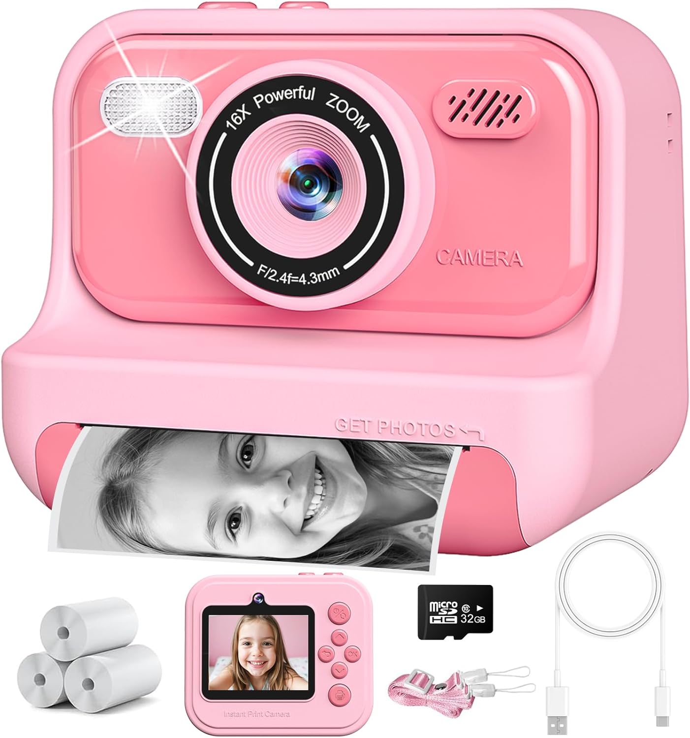 Instant Print Camera for Kids,2.4 Inch Screen Kids Digital Cameras, Christmas Birthday Gifts for Girls Age 3-12, Portable Toddler Travel Toy for 3 4 5 6 7 8 9 10 Year Old Girls Boys