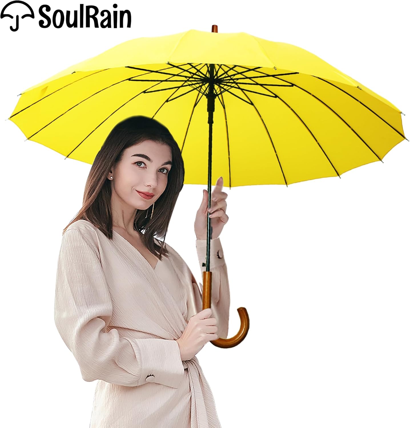 SoulRain 16 Ribs 48" Stick Umbrella Auto Open Solid Color Fashionable and Simple，Arc Classic Wood Handle，Windproof Unbreakable Stick Rain Umbrella