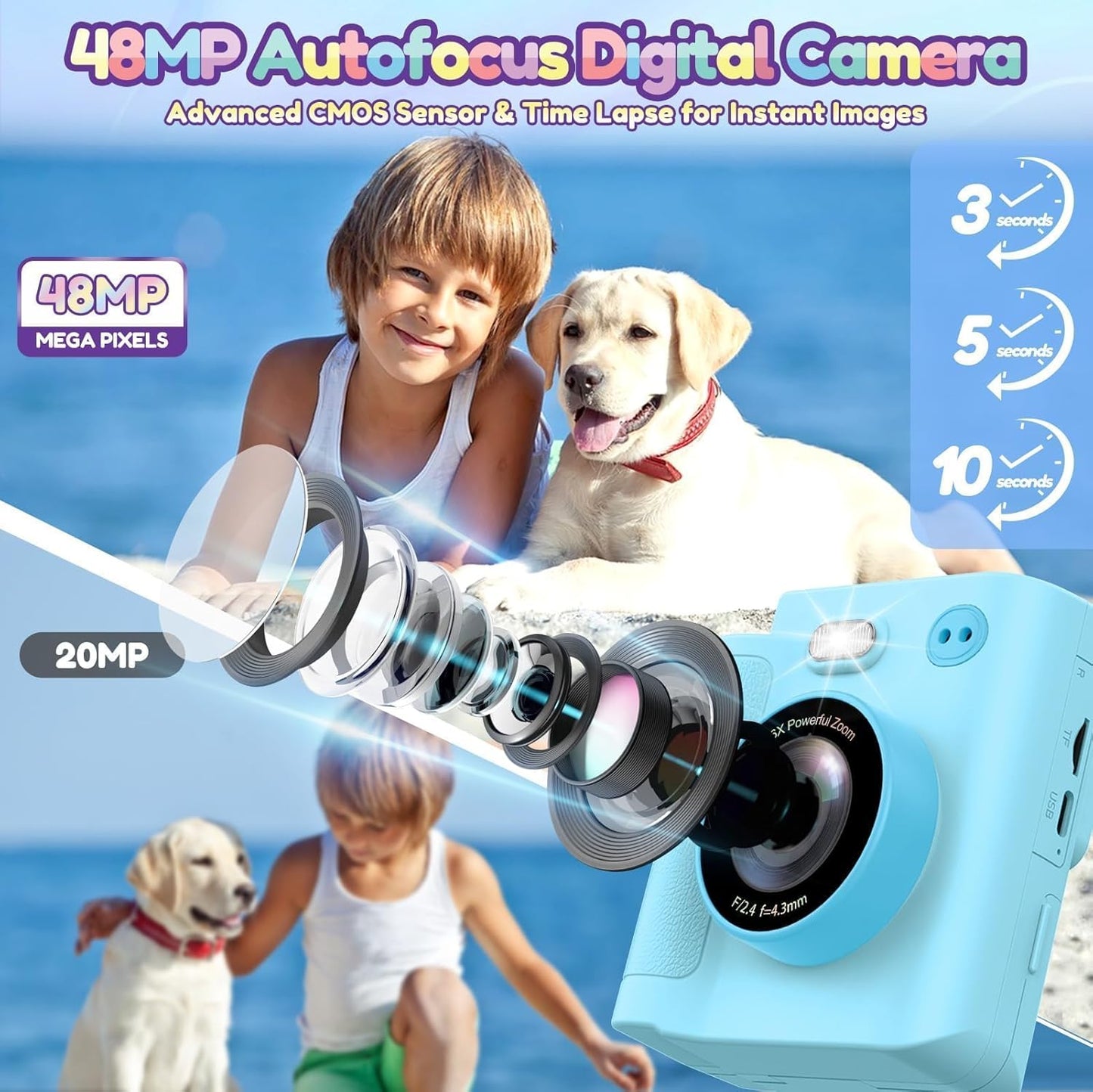 Kids Camera Gift for Boys Girls: Digital Camera Instant Print Support Dual HD Video Toys for Kids Teen Boys Girls Ages 3 4 5 6 7 8 9 10 11 12 Birthday Christmas Valentines Gifts with 32G SD Card Blue