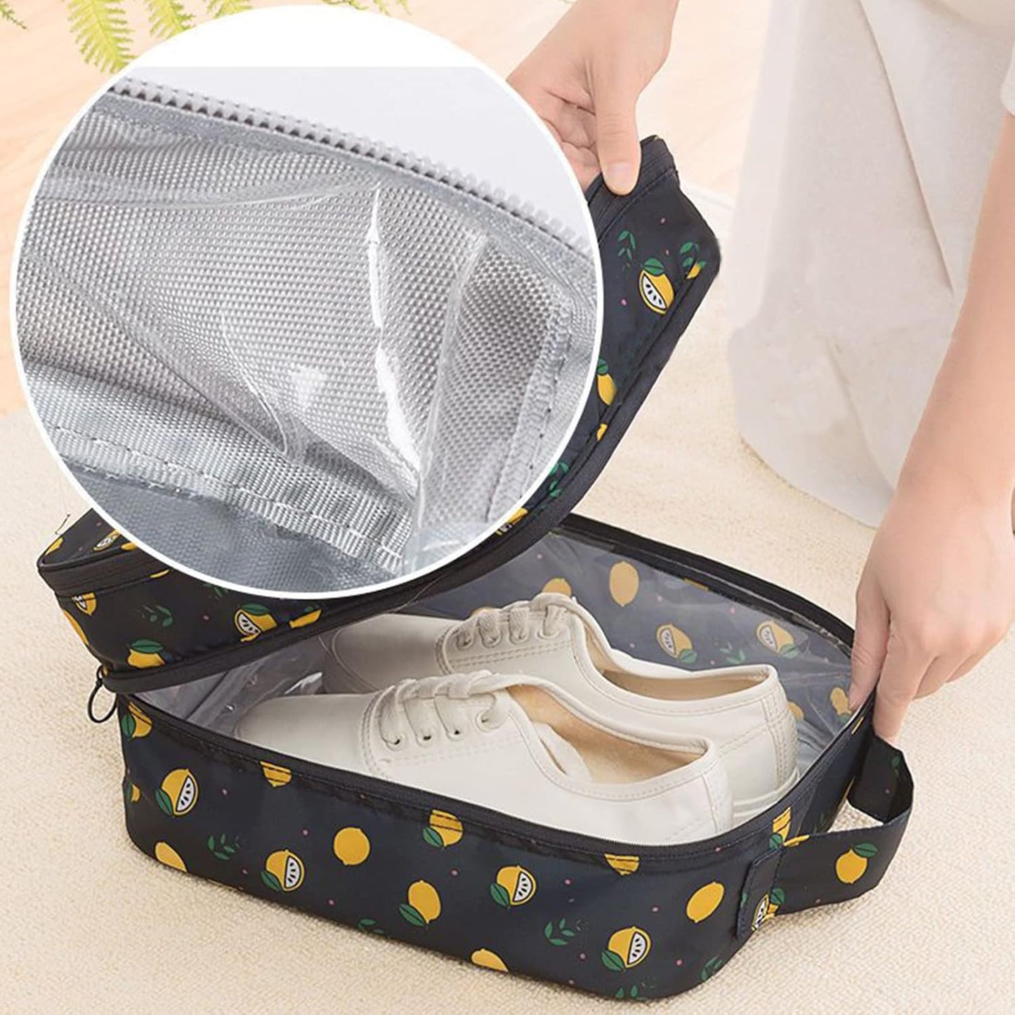 Shoe Bag for Travel, Travel Shoe Bag for Packing, Hold 3 Pairs of Shoes, Travel Essentials for Flying Shoe Organizer Shoe Storage Bag for Travel Light Black-lemon