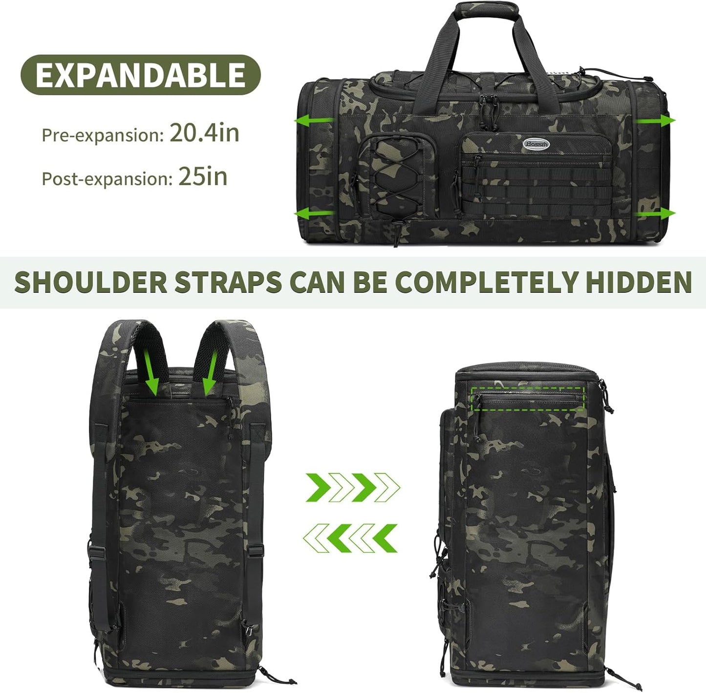 Bosstin Gym Bag for Men & Women,45L Travel Duffle Sports Duffel Bag Gym Weekender Overnight Backpack with Shoe Compartment (GREEN CAMOUFLAGE)