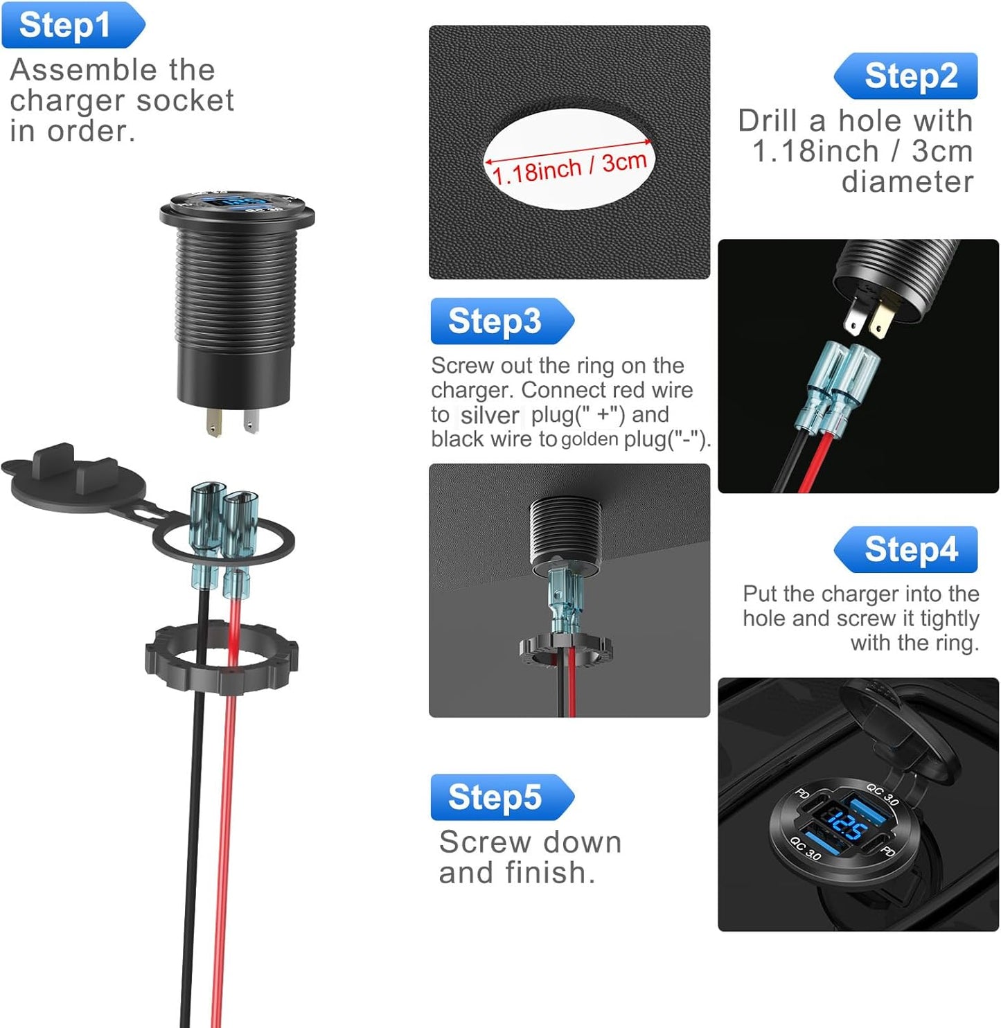 2 Pack 4 Port 12V USB Outlet Aluminum Charger, 78W Dual PD & QC Multiple USB Port for Car, USB C Cigarette Lighter Replacement 12 Volt Socket with Voltmeter Waterproof for Marine Boat Motorcycle RV