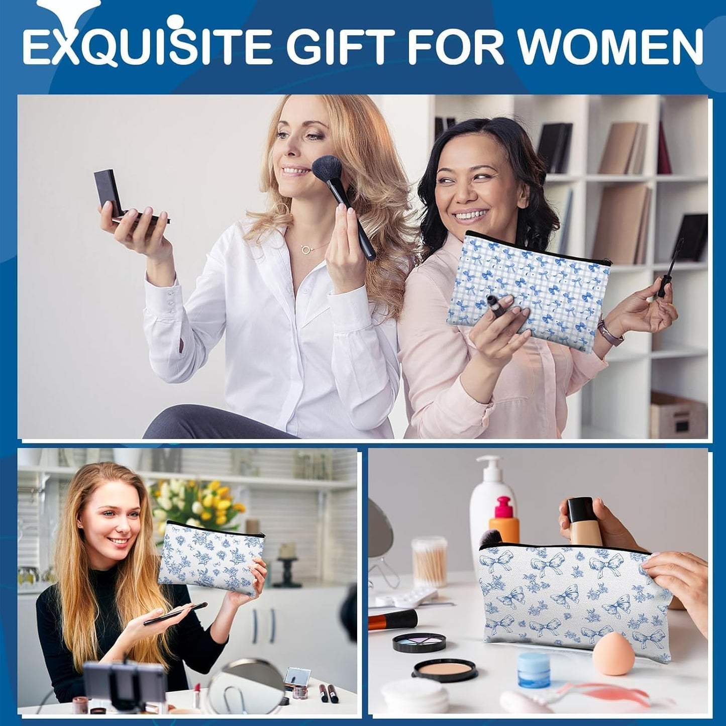 16 Pcs Bow Makeup Bags Bulk for Women Blue Coquette Aesthetic Preppy Cosmetic Bags Bow Floral Canvas Toiletry Bags Aesthetic Travel Zipper Pouches for Bridesmaids Wedding Party Favors Supplies