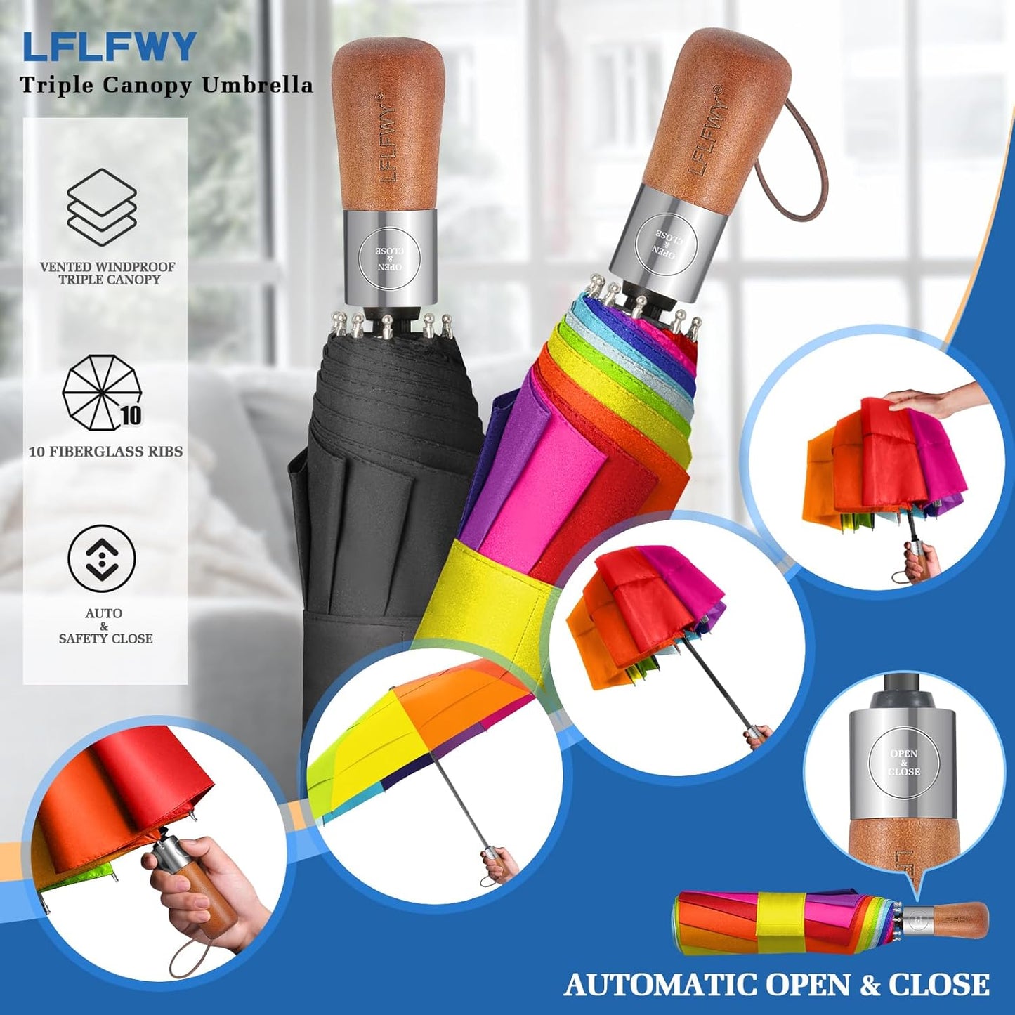 Umbrella Strong Windproof, Triple-Layer Canopy, 10 Fiberglass Ribs, Auto Open/Close, Wooden Handle, Sleeve with Anti-Loss Hook, Umbrellas for Travel & Commute & Daily Use & Gift