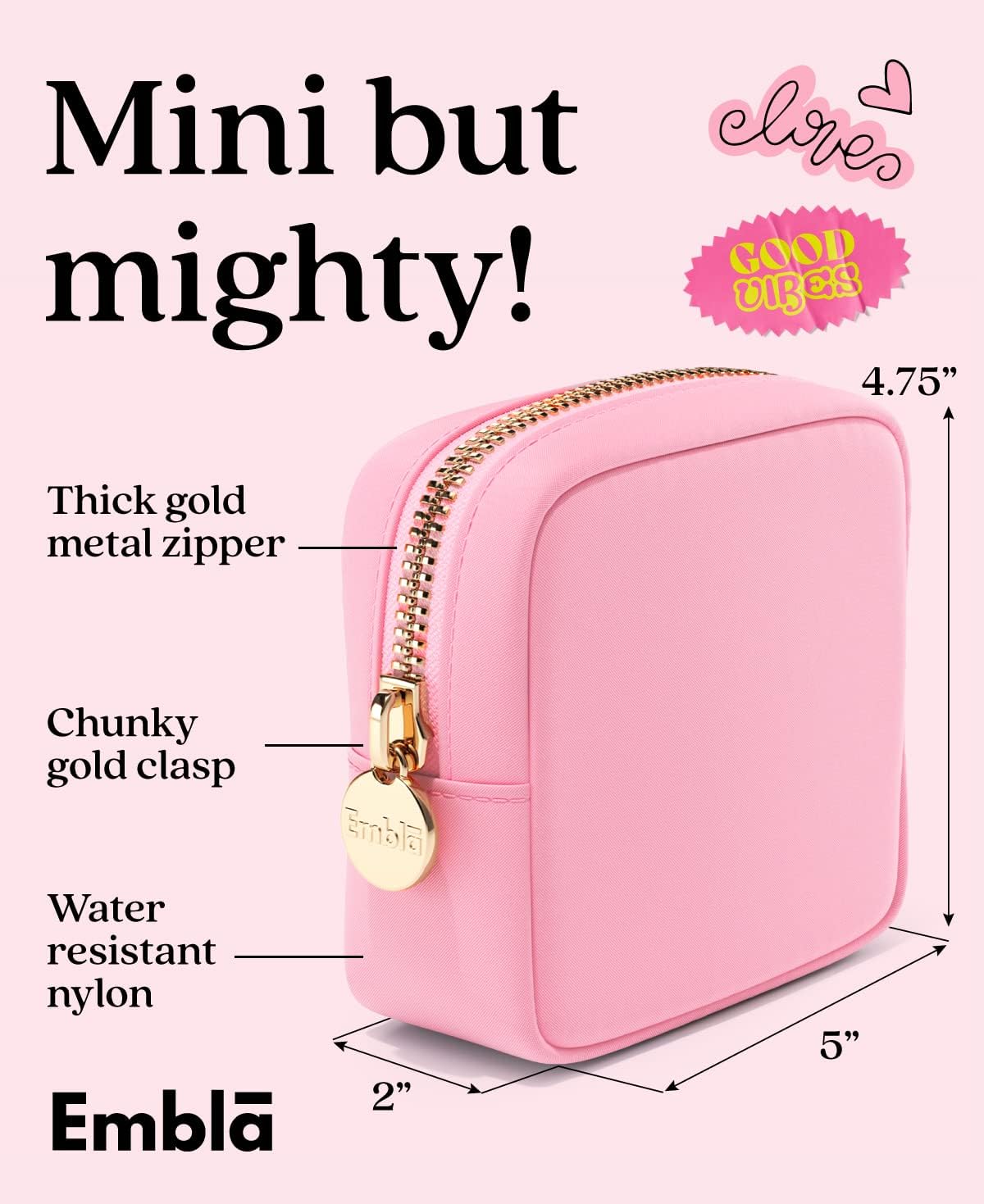 Embla Makeup Bag Travel Cosmetics Pouch and Toiletry Bag, Nylon Zipper Pouch Purse, Cute Make Up Organizer Storage Tote for Women Girls, Travel Skincare Case, Small Makeup Bags, Flamingo Pink