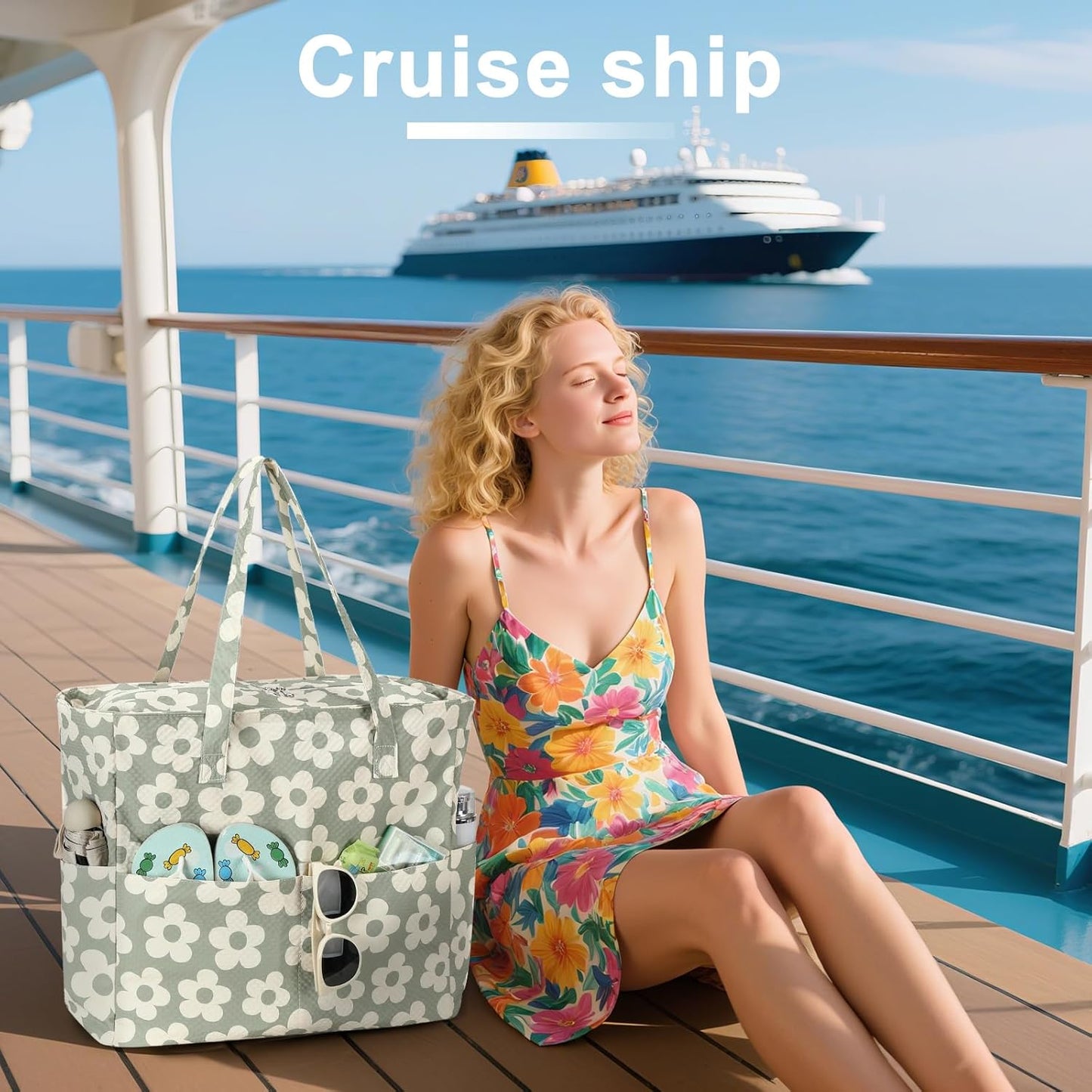 LEDAOU Beach Bag Waterproof Sandproof Women Tote Bag Pool Bag with Zipper for Gym Grocery Travel with Wet Pocket