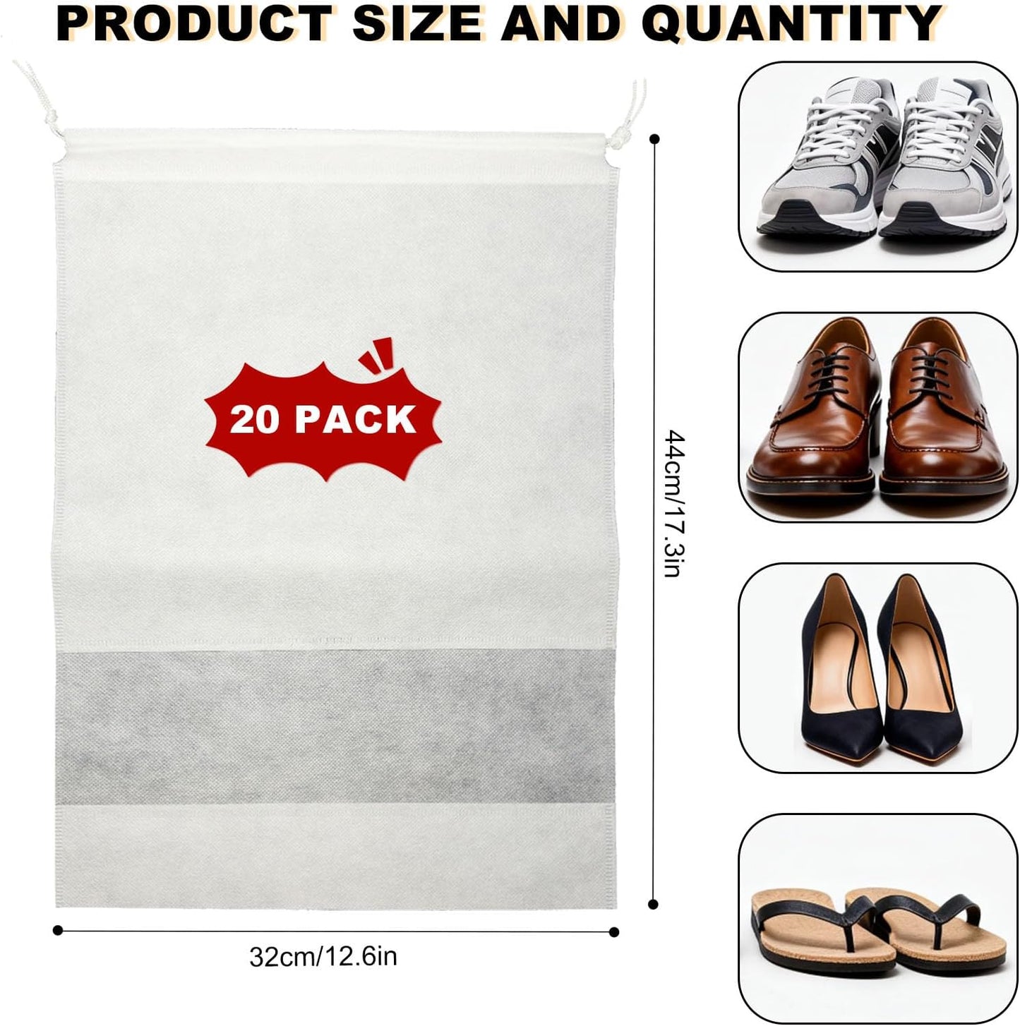 20 Pack Shoe Bags for Travel, 17" x 12.6" Drawstring Shoe Organizers with Clear Window, Breathable Non-Woven Dustproof Pouches for Luggage & Closet (White)