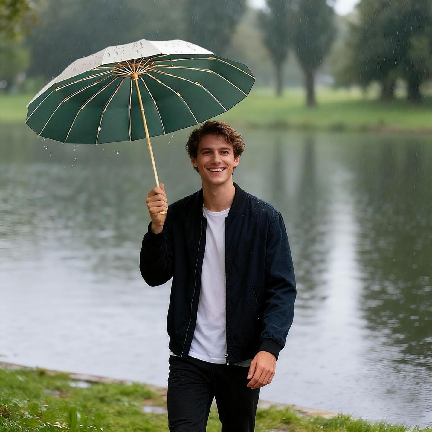 Folding umbrellas for rain and sun UPF 50+ UV Protection Windproof waterproofing and Strong Travel Essentials for Men Women 16 Ribs Wooden Handle Compact Umbrella Dark Green