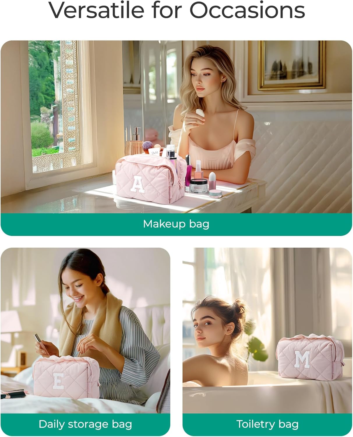 BAGSMART Elegant Roomy Makeup Bags (Initial-K-Pink)