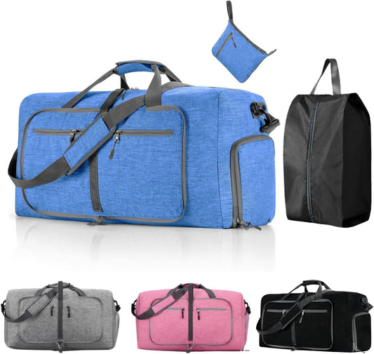Travel Bag Gym Bag Folding Boston Bag Duffel Bag Carry On Large Capacity 65L Waterproof With Shoe Bag No Logo (Blue, 24.8inch×11.4inch×13.8inch)