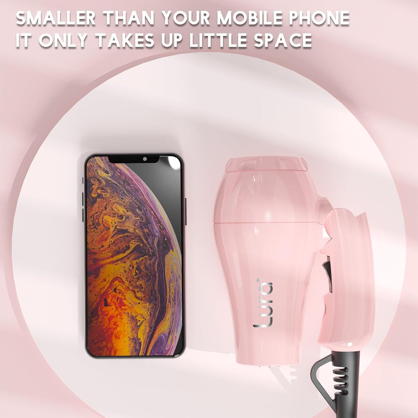 LURA Smart Dual Voltage HairDryer: Mini Travel Hair Dryer for Women,1200w Small Portable Blow Dryer with Pouch for Gym(Pink)