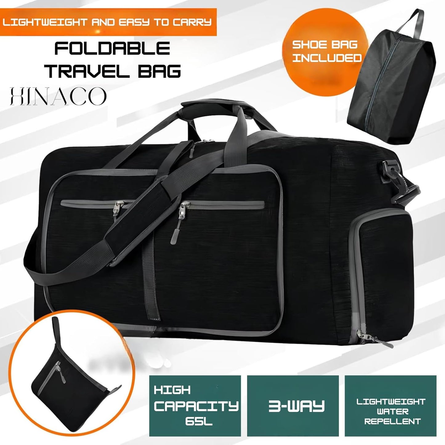 Travel Bag Gym Bag Folding Boston Bag Duffel Bag Carry On Large Capacity 65L Waterproof With Shoe Bag No Logo (Black, 24.8inch×11.4inch×13.8inch)