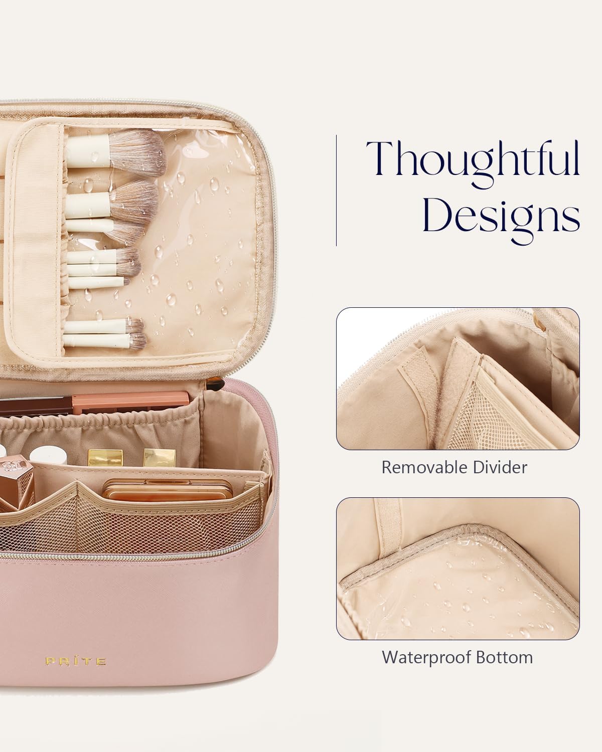 Prite Makeup Bag Portable Cosmetic Organizer with Brush Holder Waterproof Travel Toiletry Bag for Women with Handle and Divider (Pearl Pink)