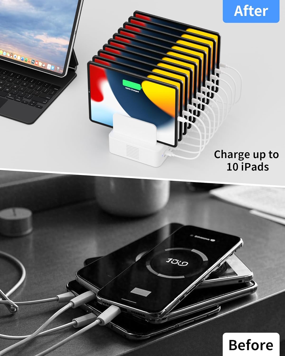 100W Charging Station for Multiple Devices, 10-Port USB Fast Charging Station with Adjustable Dividers & 10 Cables- Multi Device Organizer Charging Dock for iPhone, iPad, Tablets & More