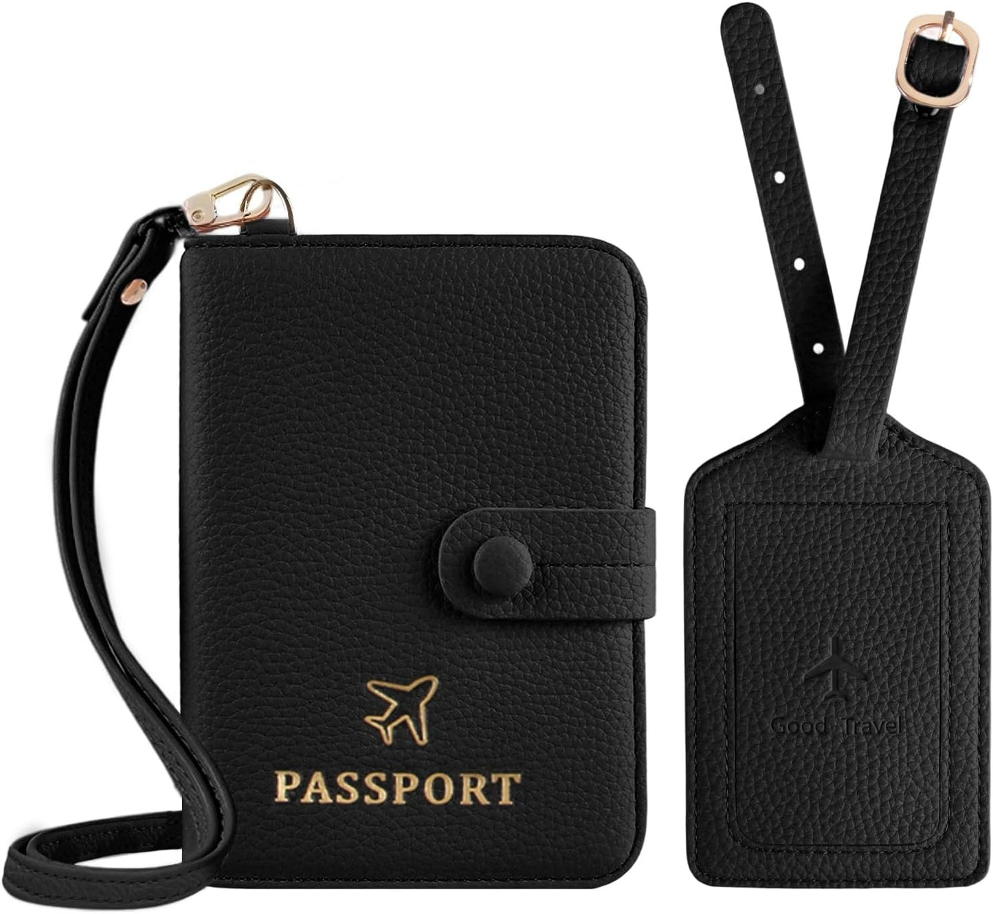Passport Holder RFID Protected Wallet and Luggage Tag with Protection Cover Travel Accessories Leather Card Case Organizer for Women Men (Black)