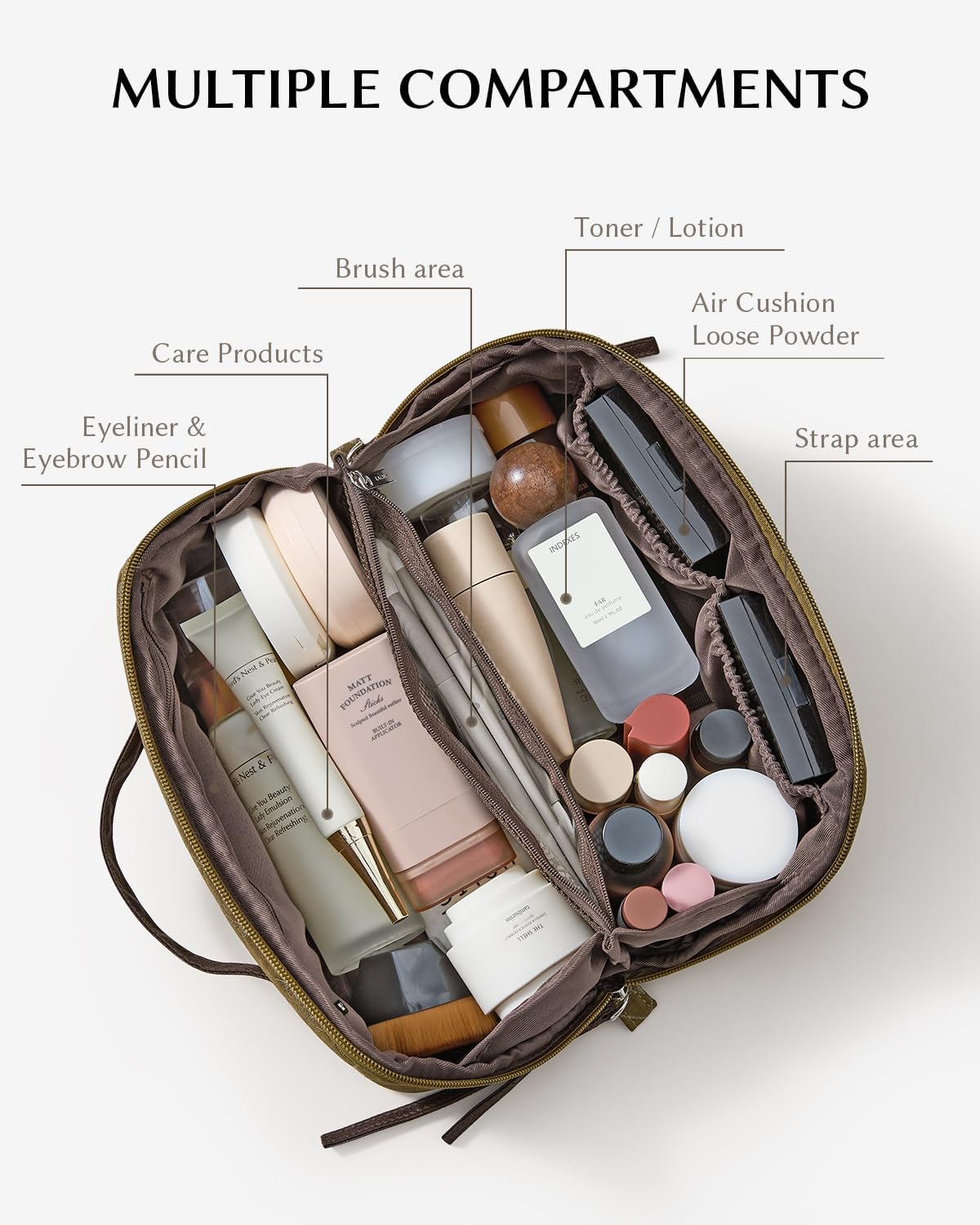 EACHY Travel Makeup Bag, Large Toiletry Bag for Women, Flat-Opening Organizer Pouch with Compartments