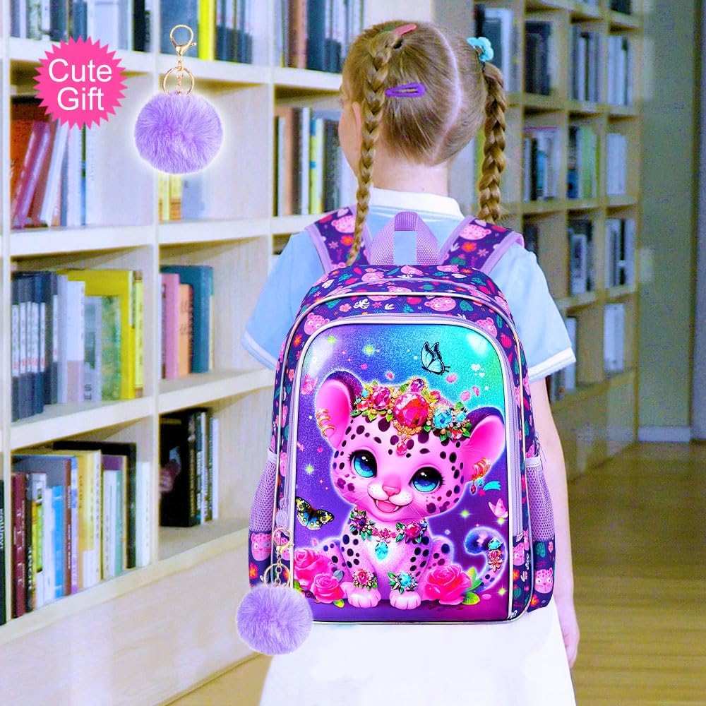 16" Leopard Backpack for Girls, 3Pcs Kids Bookbag for Elementary Preschool Kindergarten, School Backpacks with Lunch Box(Purple)