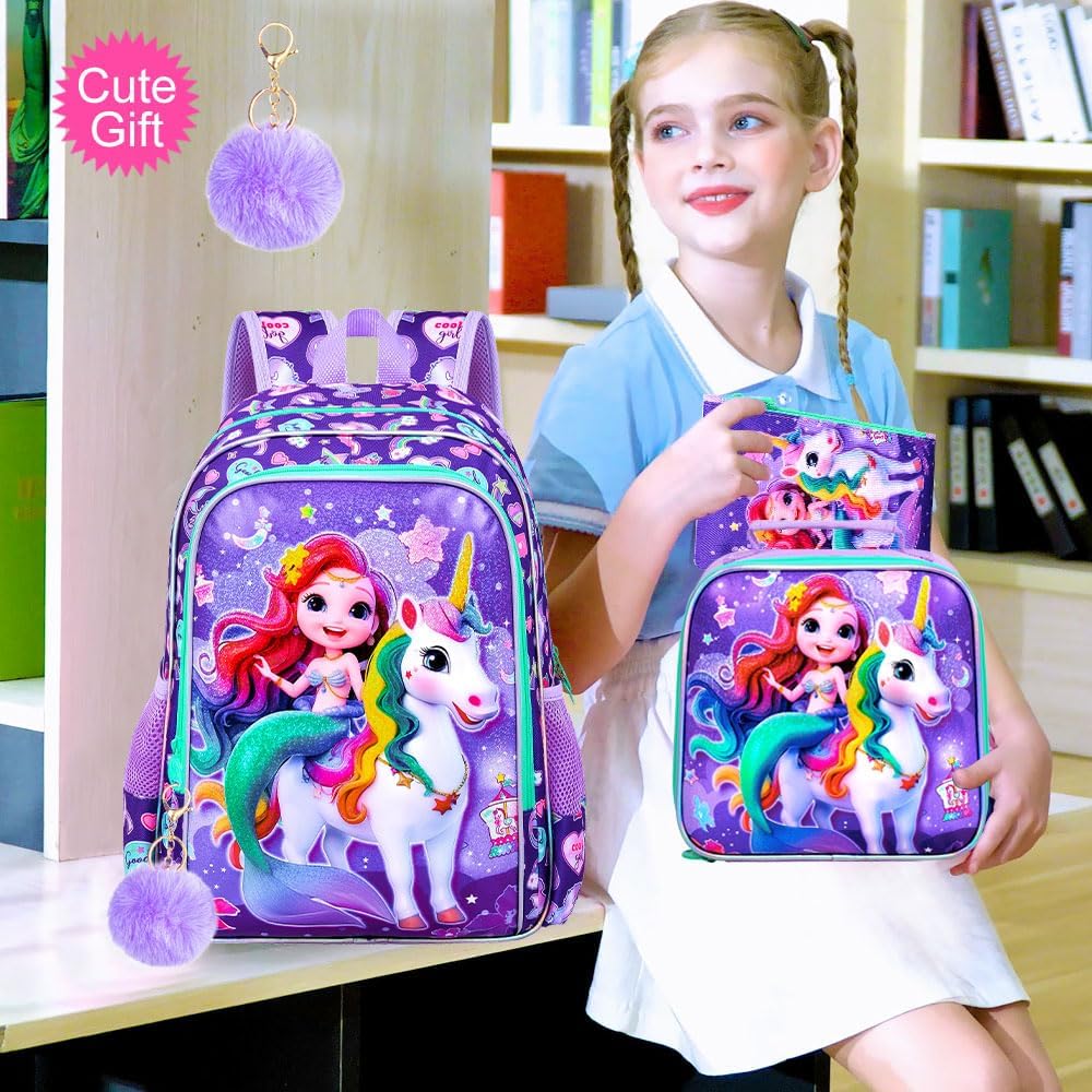 16" Mermaid Backpack for Girls, 3Pcs Unicorn Kids Bookbag with Lunch Box，School Backpacks for Elementary Preschool Kindergarten (Purple)