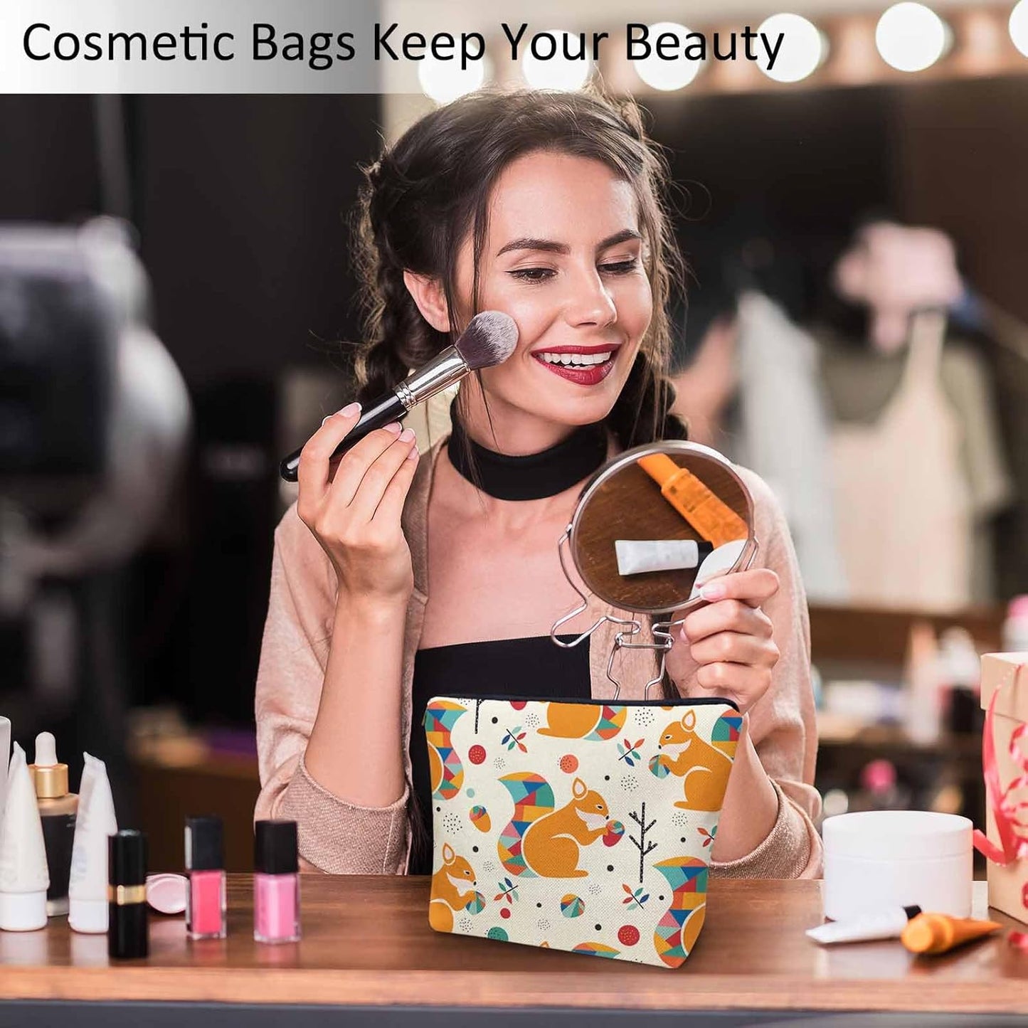 Squirrel Makeup Bag For Women, Adorable Cosmetic Bag Makeup Bags, Geometric Squirrel Pine Cones Cute Zipper Bag Travel Bags Toiletry Organizers Pouch Bags Washing Bags For Gym Bathroom